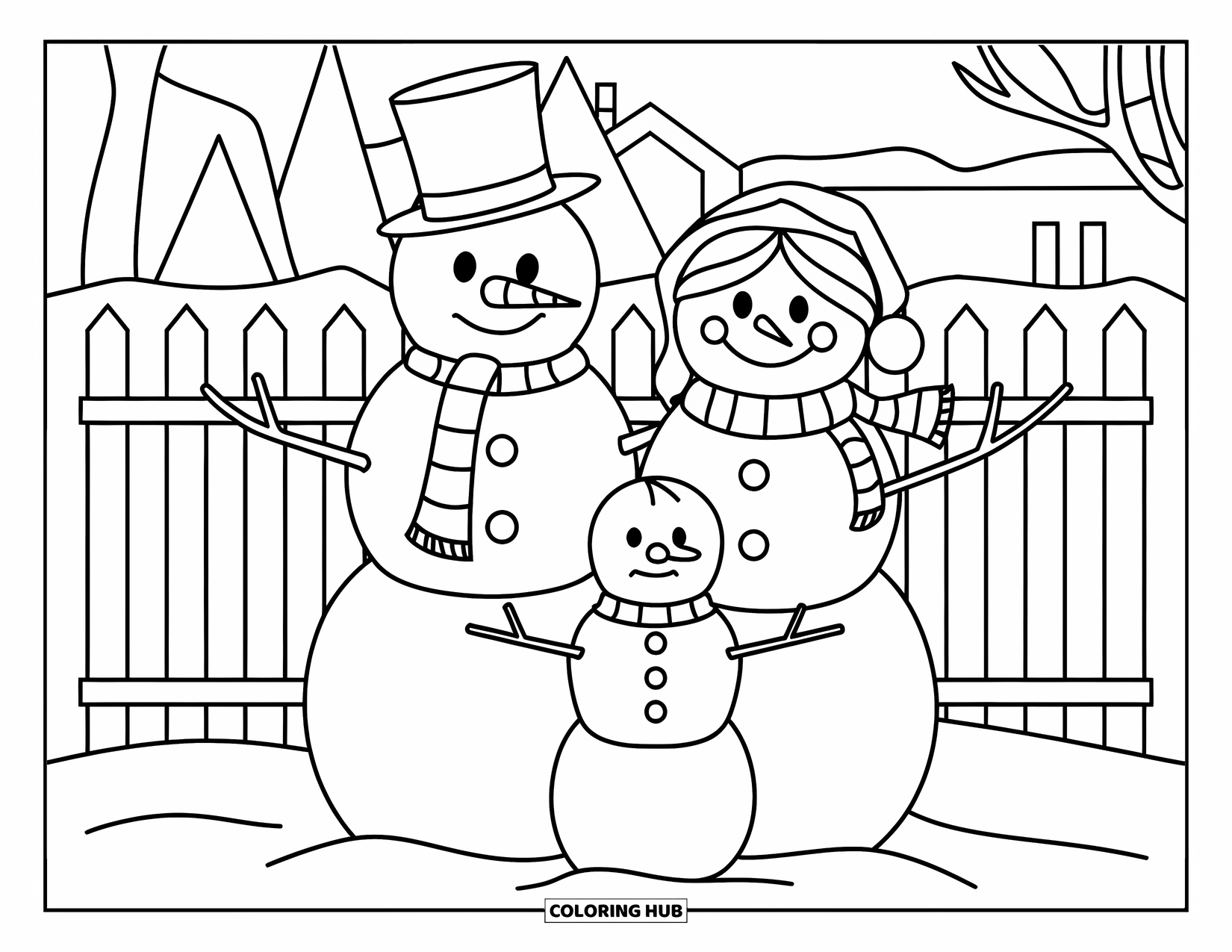 Snow Coloring Page for Kids: A snowman family stands together in front of a snowy fence