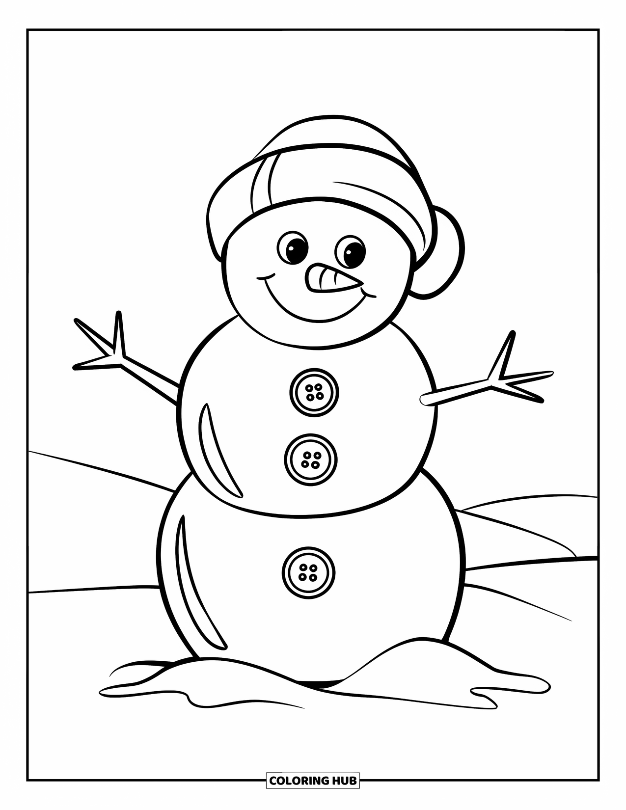 Snow Coloring Page for Kids: A snowman stands alone in the snow smiling