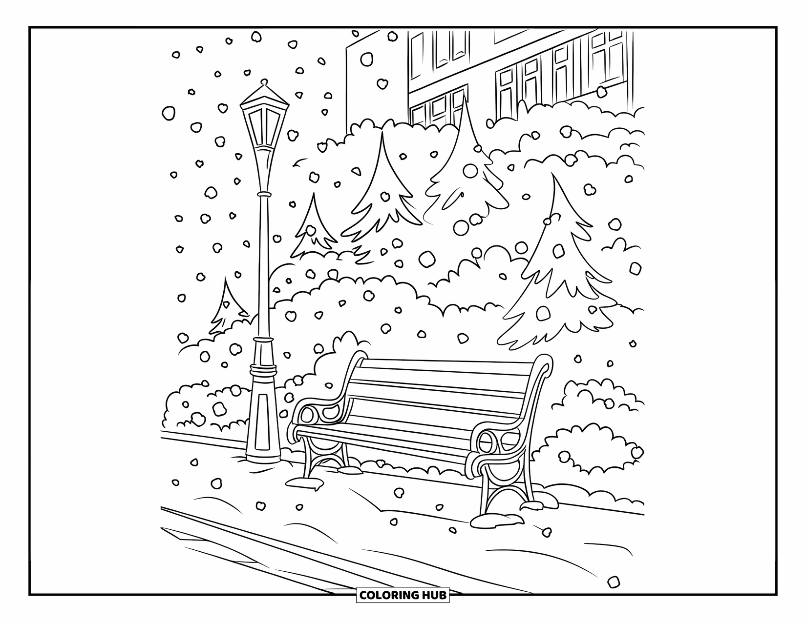 Snow Coloring Page for Kids: A snowy bench and lamp post stand near tall trees