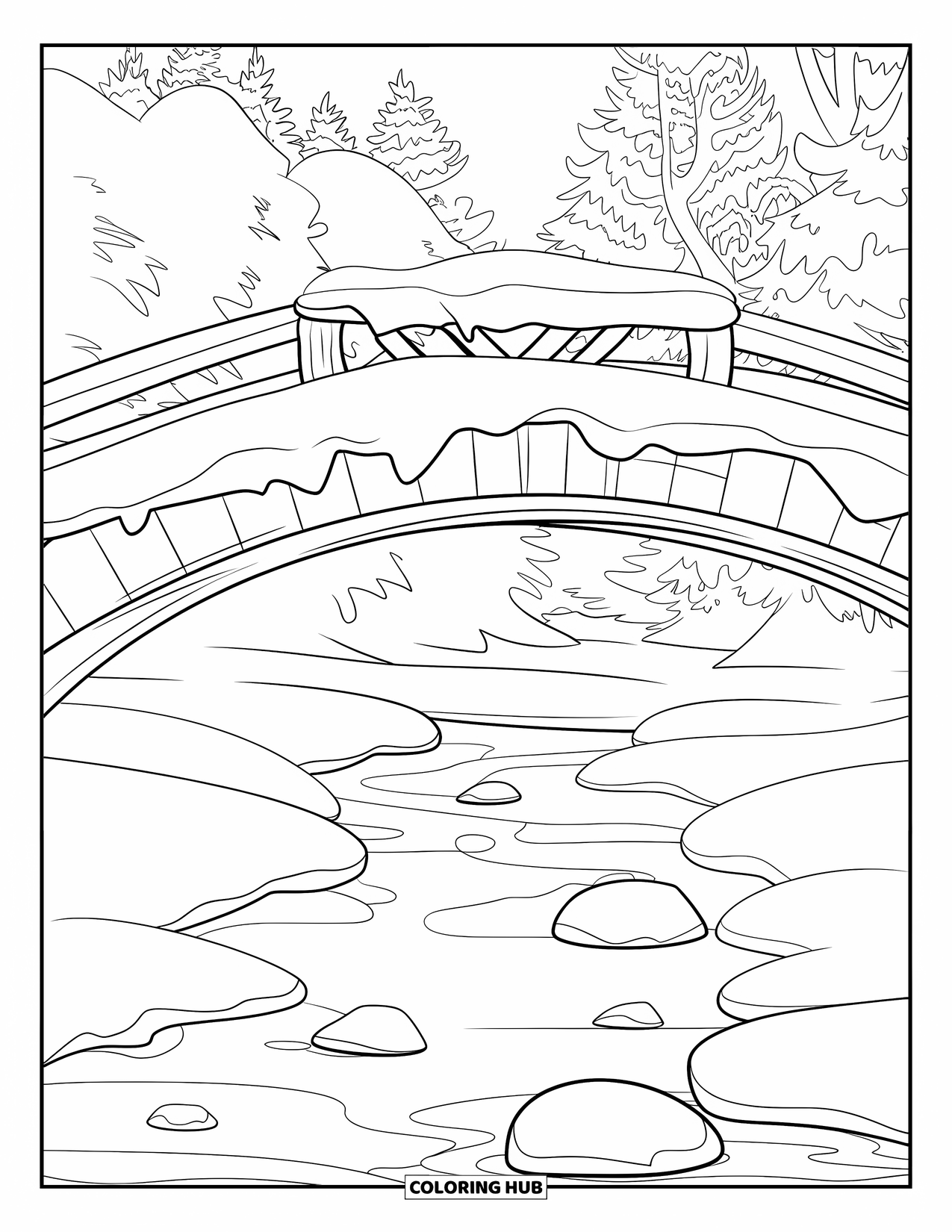 Snow Coloring Page for Kids: A snowy bridge with planks and tall trees covered in snow