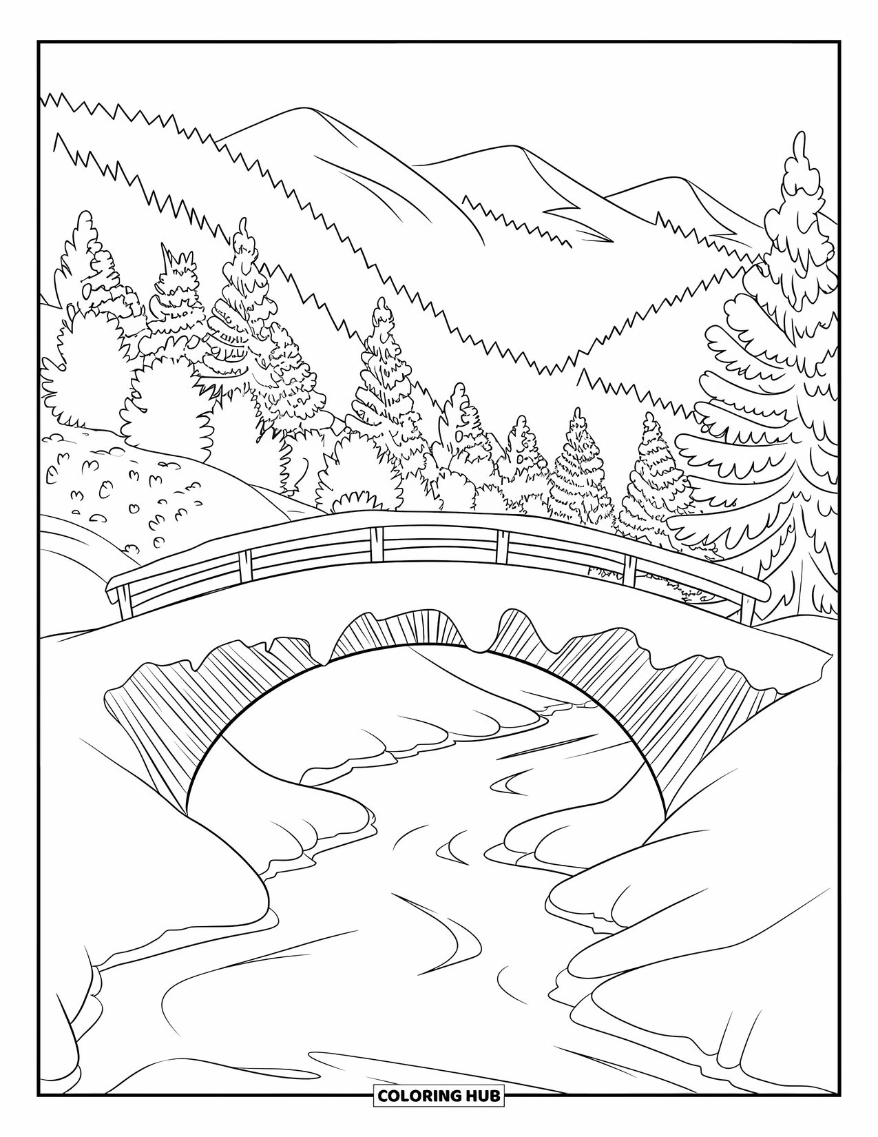 Snow Coloring Page for Kids: A snowy bridge with posts and mountains in the distance