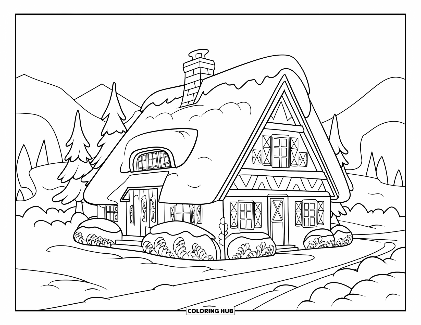 Snow Coloring Page for Kids: A snowy cottage with a chimney and a path leading through the trees