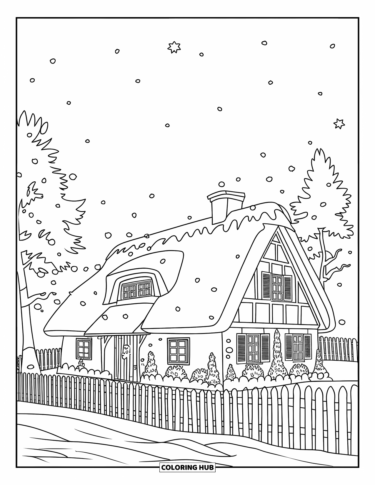 Snow Coloring Page for Kids: A snowy cottage with a fence and snowflakes falling