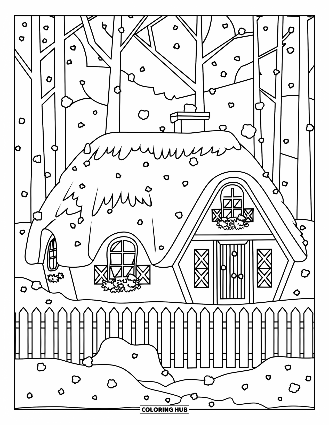 Snow Coloring Page for Kids: A snowy cottage with a picket fence and tall trees