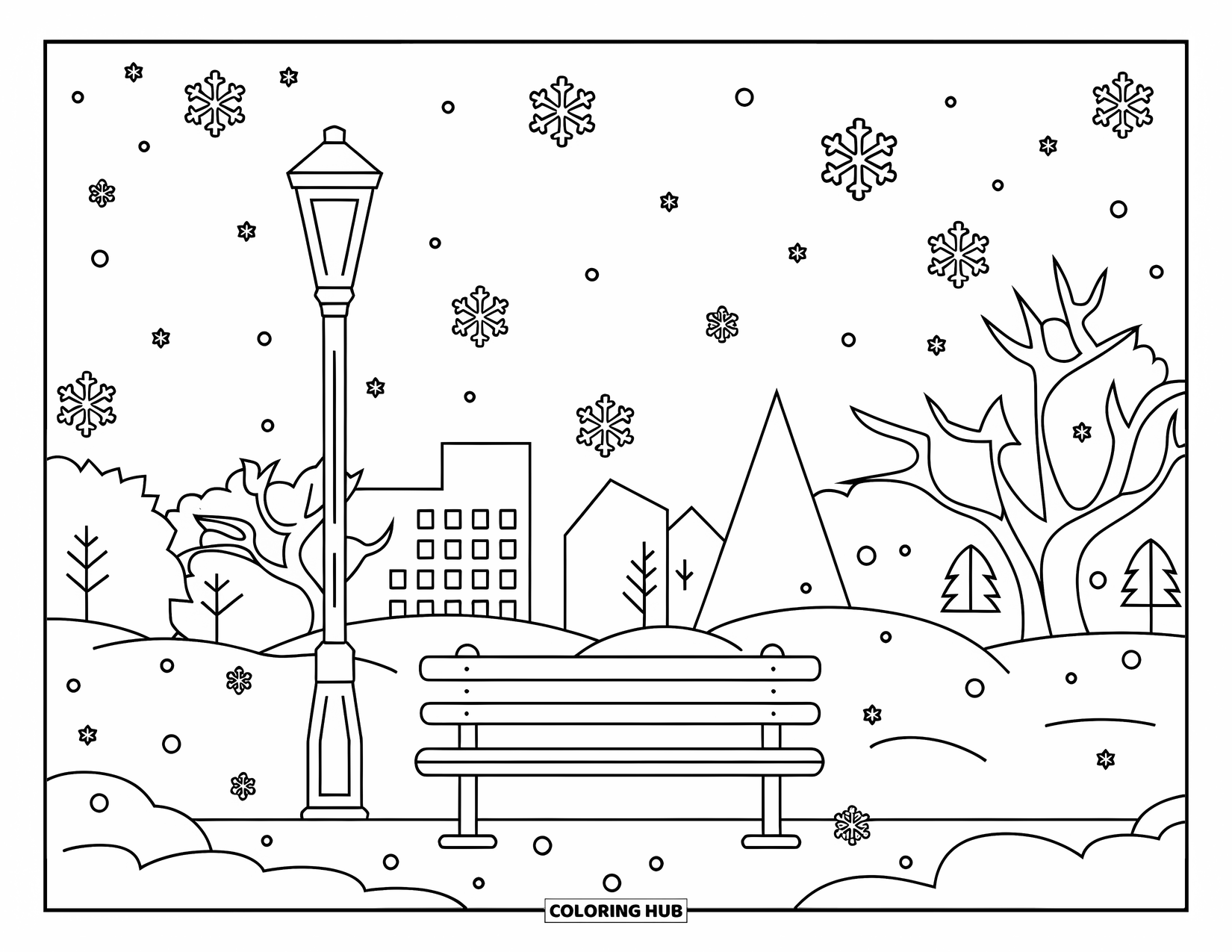 Snow Coloring Page for Kids: A snowy park bench sits under a tall lamp post