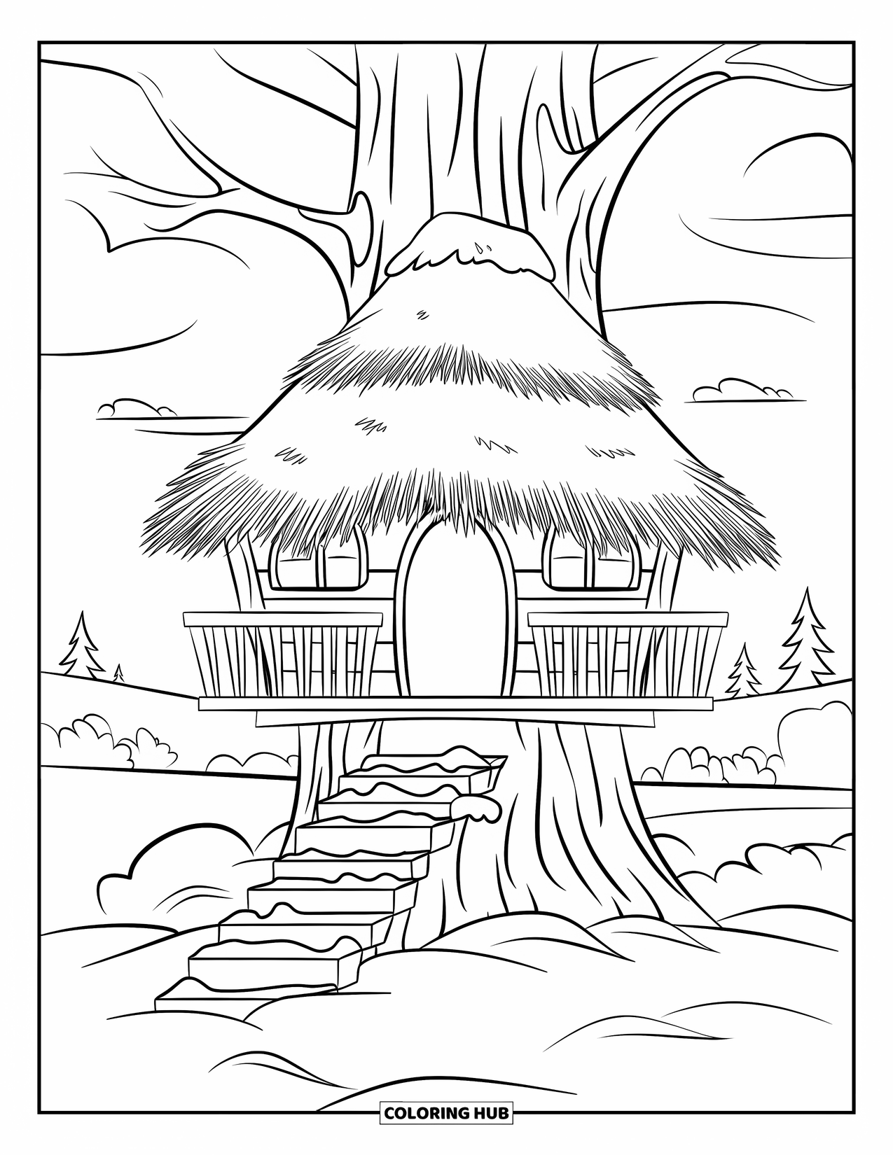 Snow Coloring Page for Kids: A snowy treehouse with a thatched roof and steps