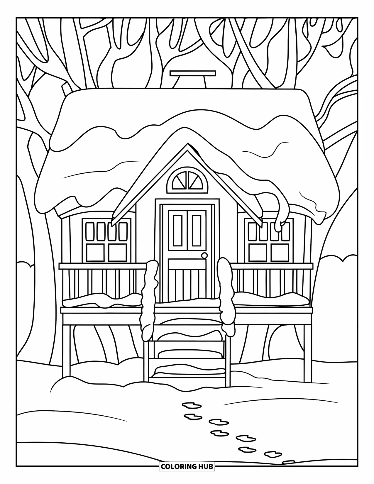 Snow Coloring Page for Kids: A snowy treehouse with steps buried in the snow