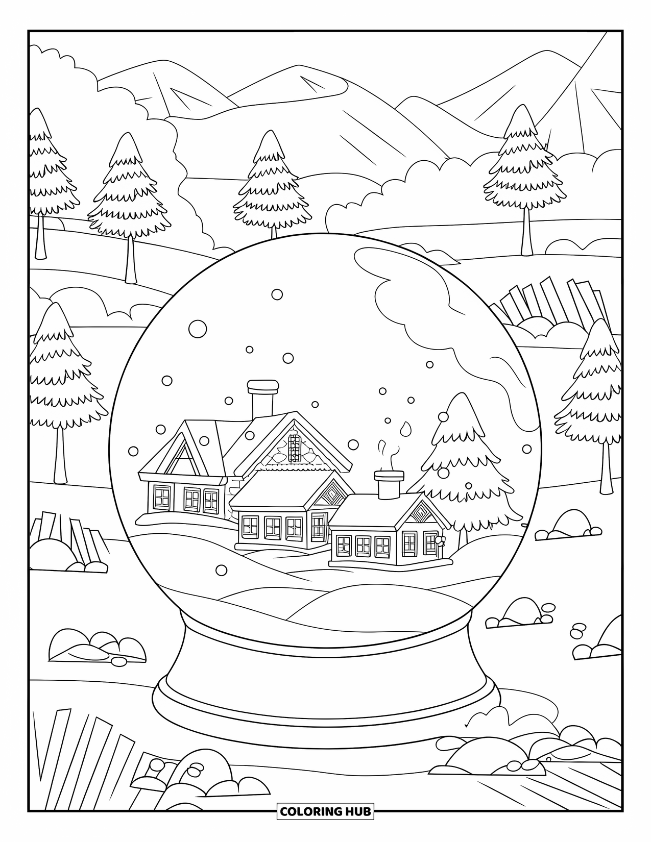 Snow Coloring Page for Kids: A snowy village inside a snow globe with chimneys smoking