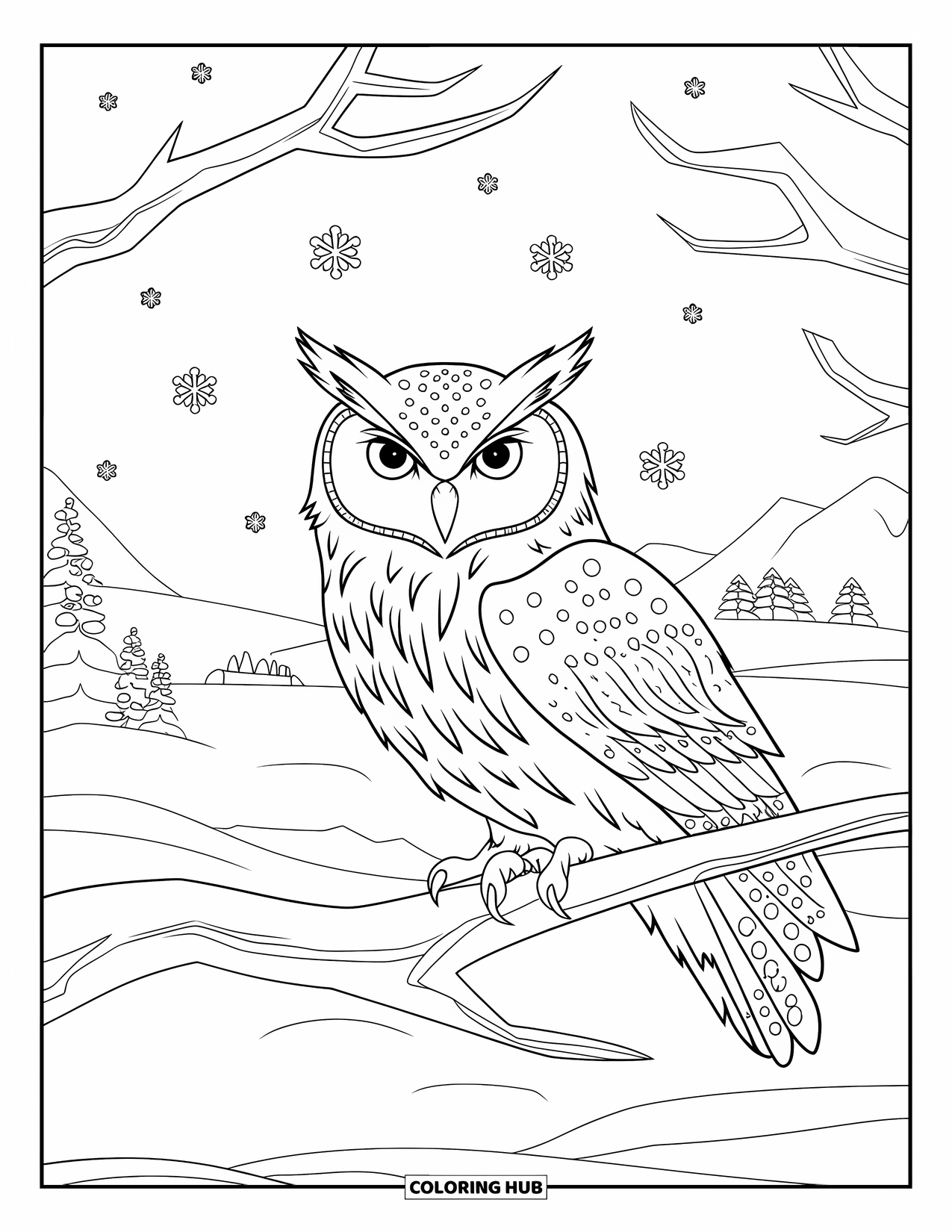 Snow Coloring Page for Kids: An owl perches on a snowy branch with falling flakes