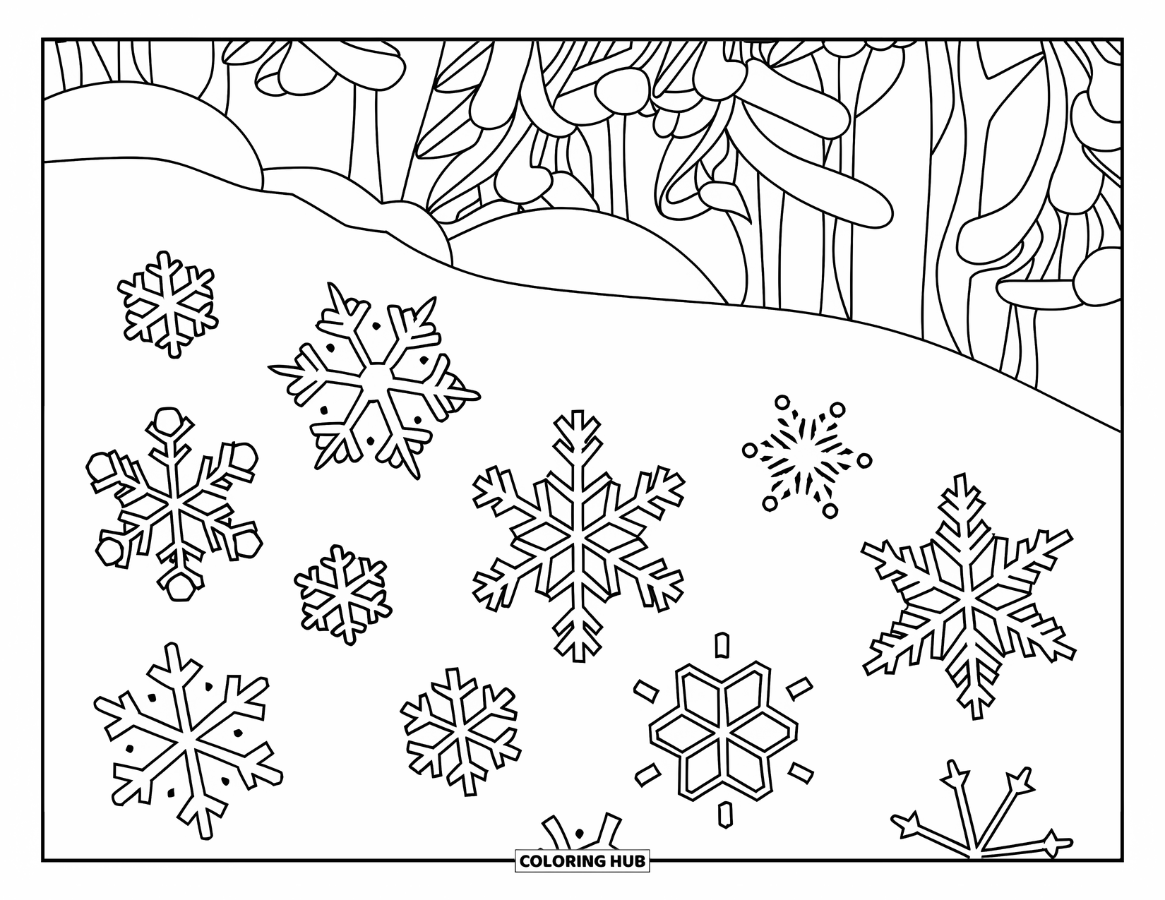 Snow Coloring Page for Kids: Snowflakes of different shapes lie across a snowy field