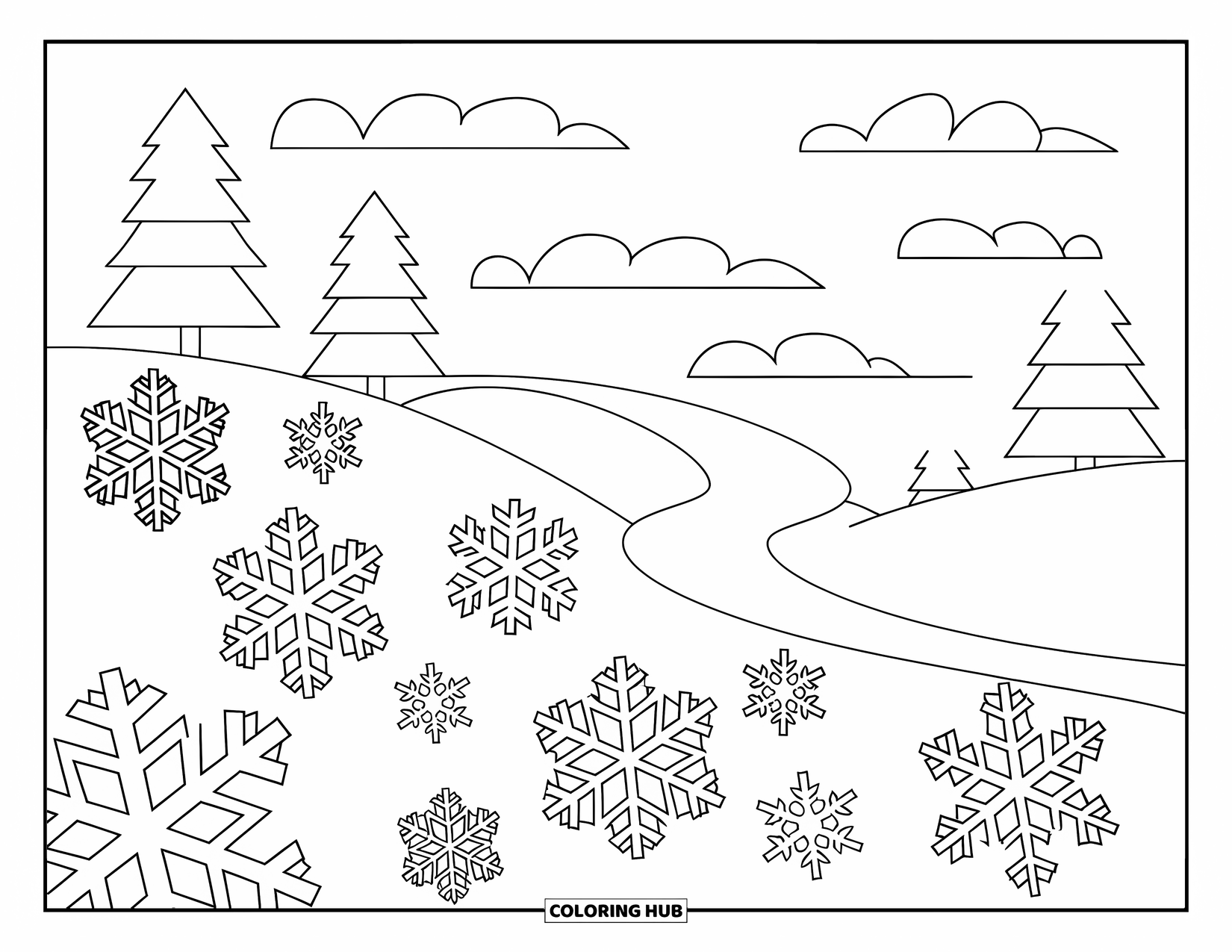 Snow Coloring Page for Kids: Snowflakes rest on snow with trees and clouds above