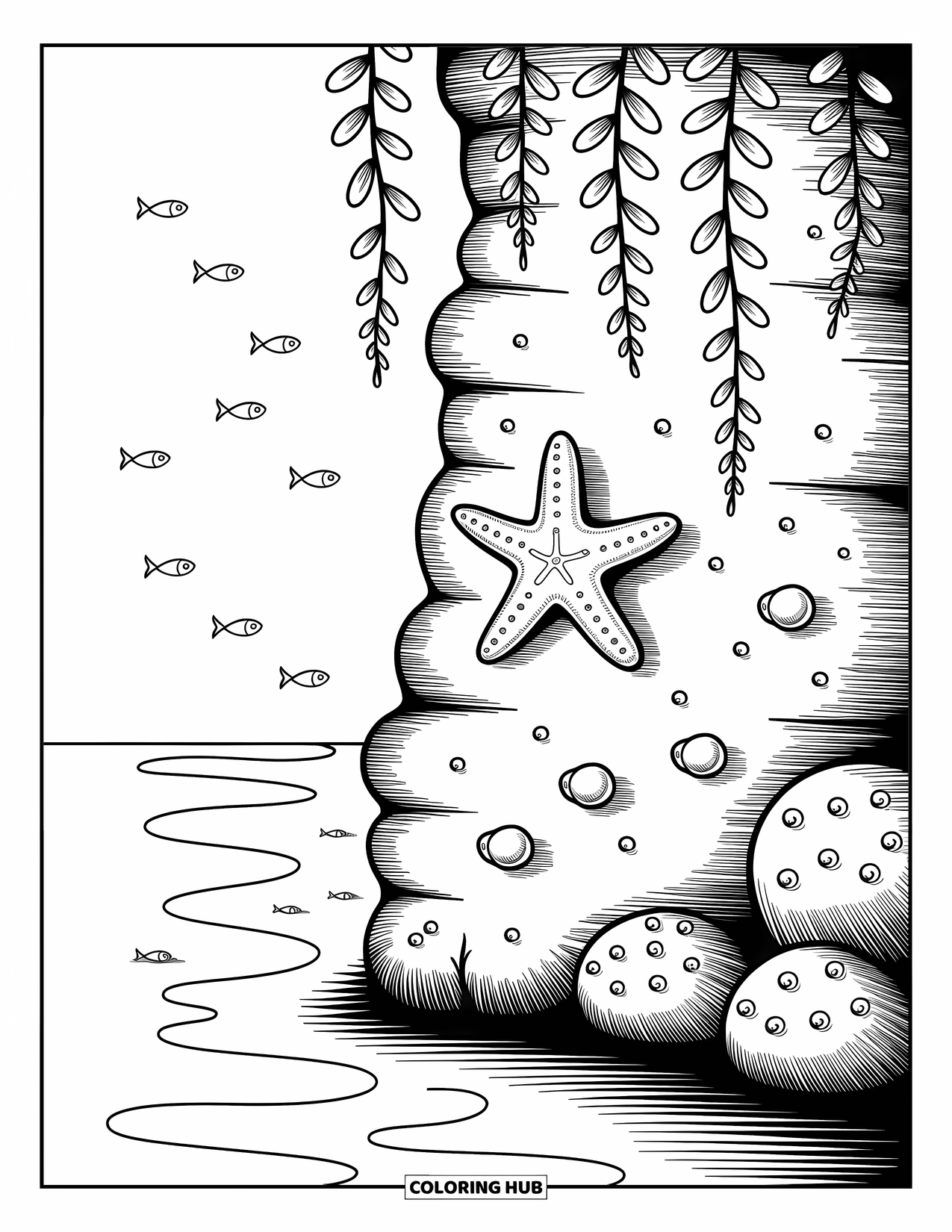Starfish Coloring Page for Adults: A cheerful starfish clings to a glowing rock wall with seaweed and swimming fish