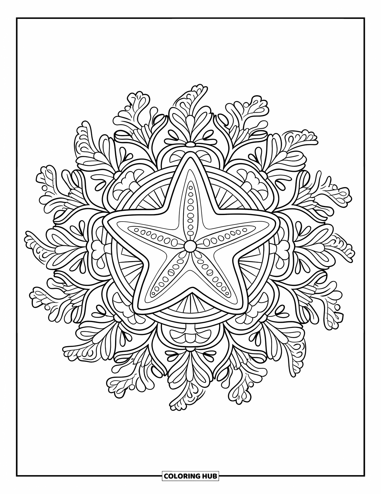 Starfish Coloring Page for Adults: A coral mandala blooms around a central starfish with artistic patterns