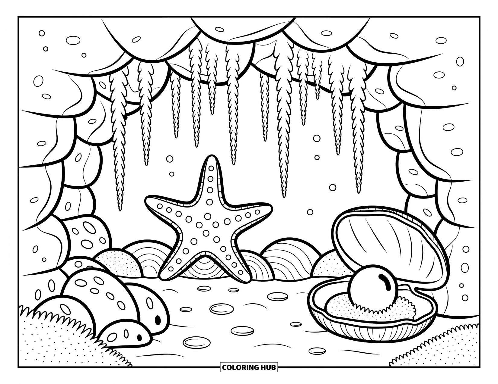 Starfish Coloring Page for Adults: A happy starfish rests in a sea cave with flowing algae and a glowing pearl