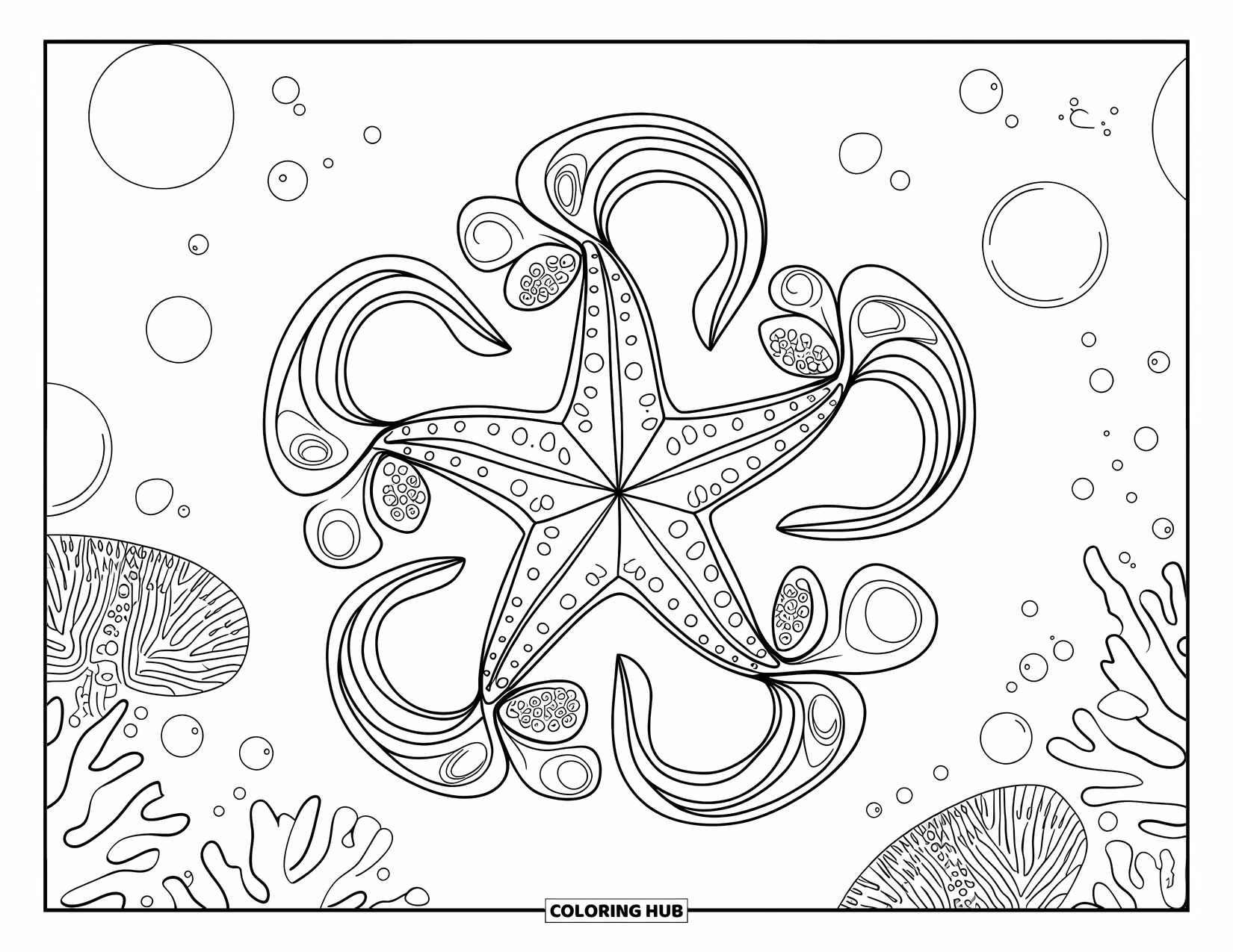 Starfish Coloring Page for Adults: A patterned starfish is framed by coral and bubble mandalas under the sea