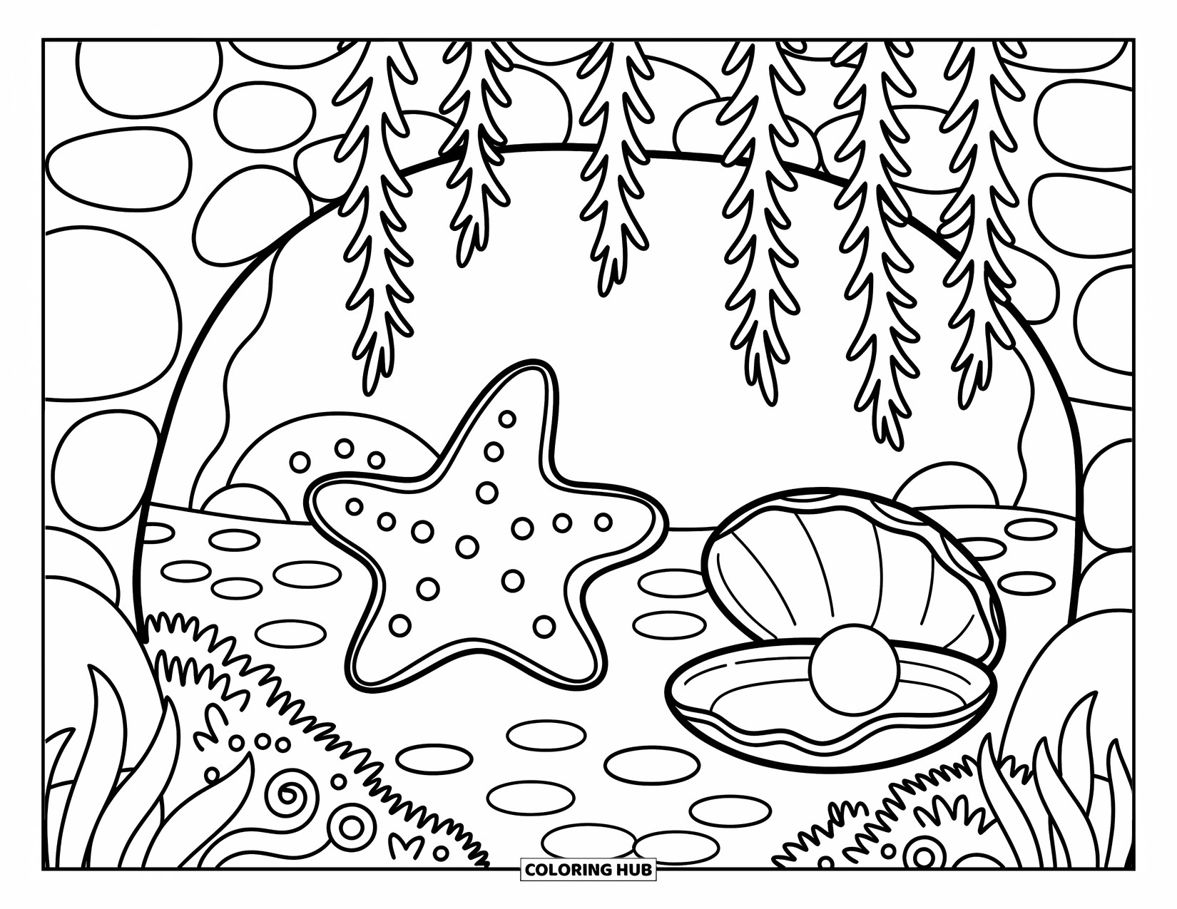 Starfish Coloring Page for Adults: A peaceful starfish sits inside a cave framed by boulders, algae curtains, and soft sea pebbles