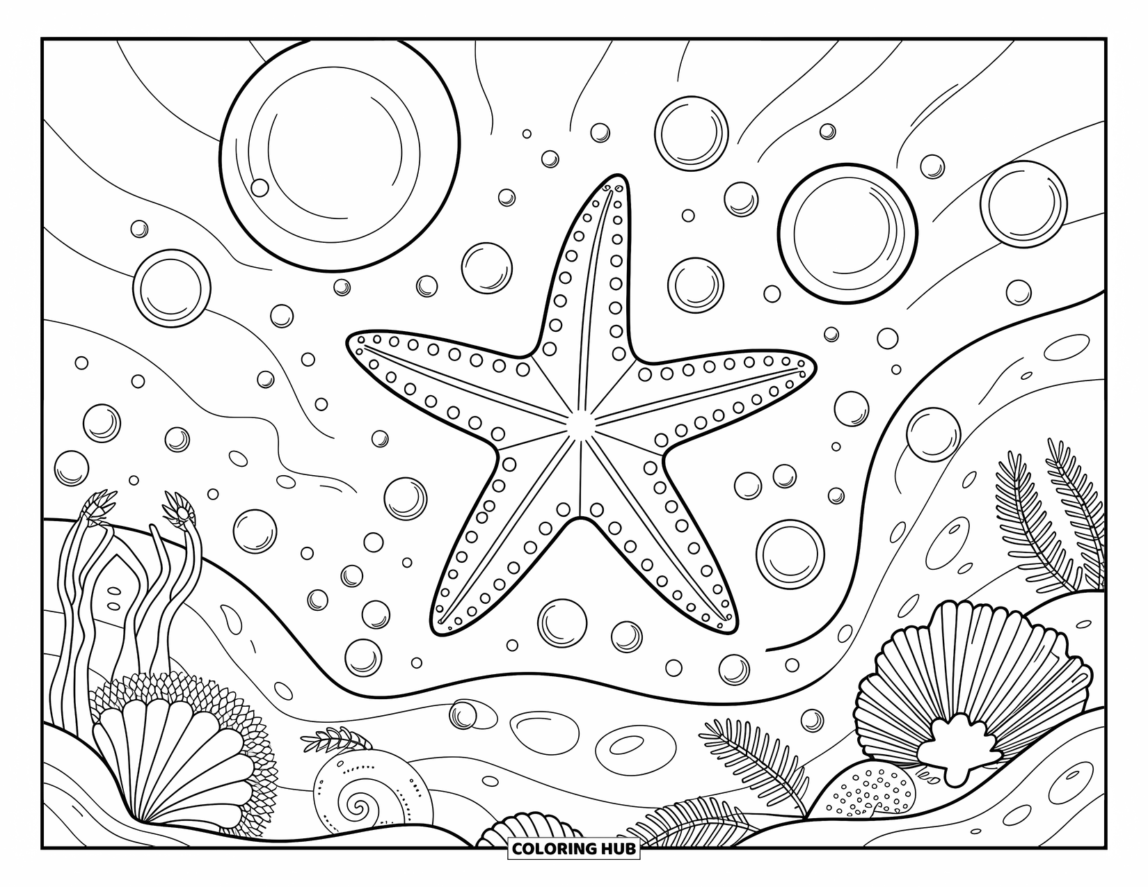 Starfish Coloring Page for Adults: A starfish floats with bubbles and friendly sea creatures in warm glowing waters