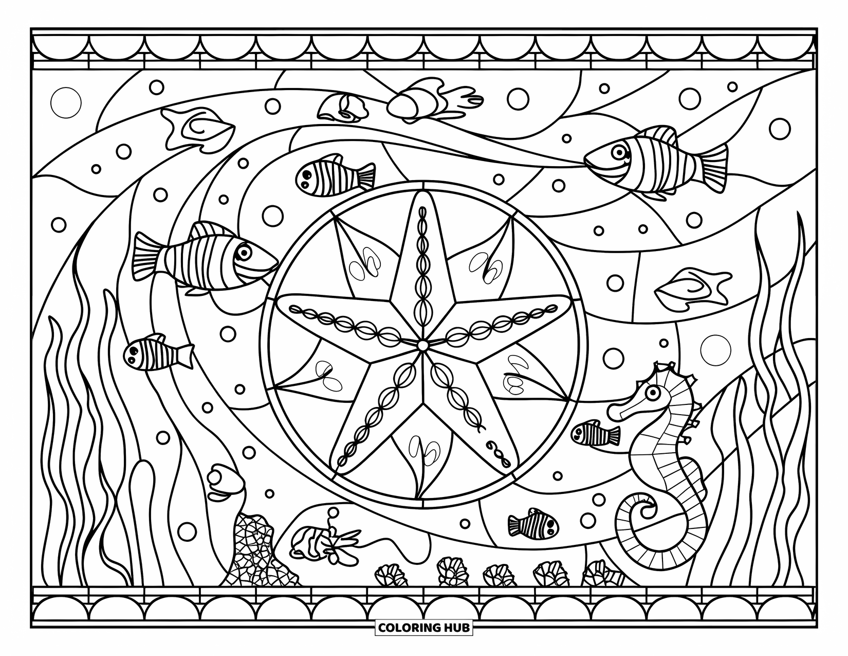 Starfish Coloring Page for Adults: A starfish is centered in a stained glass mosaic with fish, crabs, and seaweed