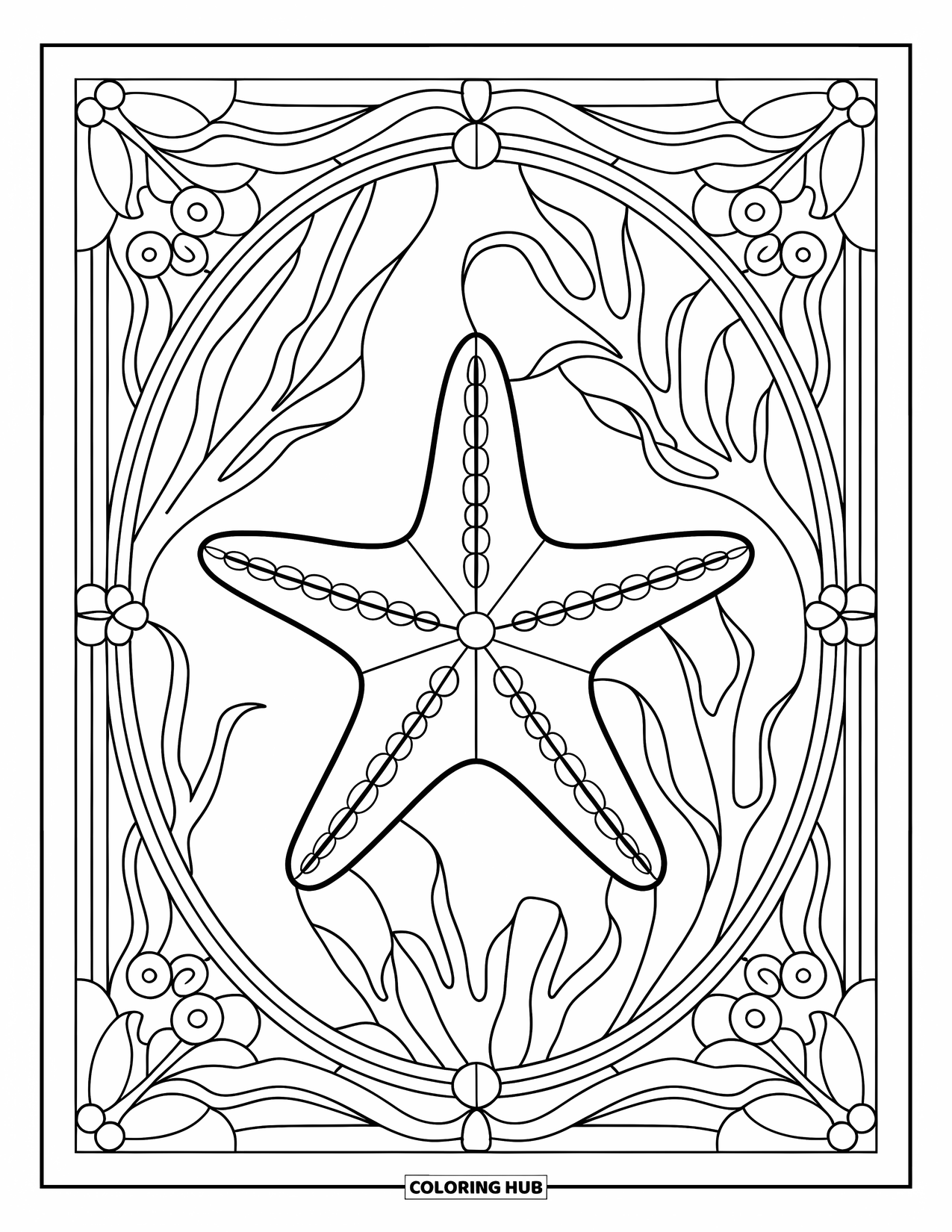Starfish Coloring Page for Adults: A starfish is framed in stained glass with swirls and leafy patterns