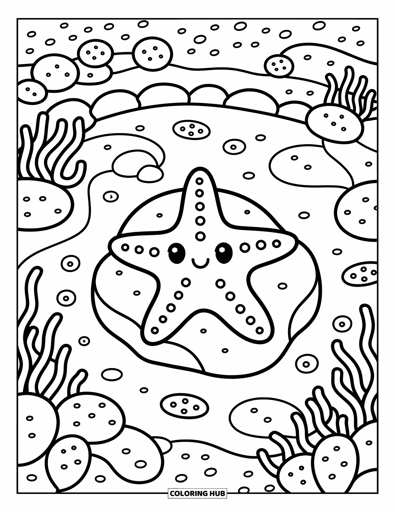 Starfish Coloring Page for Adults: A starfish lies on a rock bed with tiny bubbles, shells, and gentle tide pool life