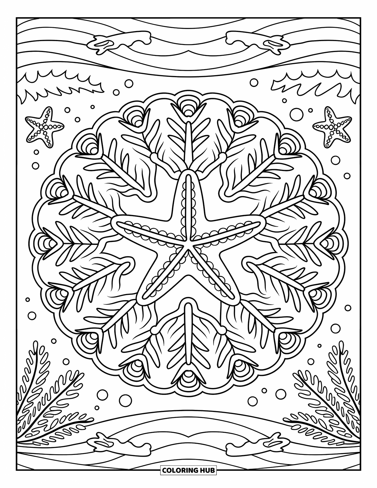 Starfish Coloring Page for Adults: A starfish radiates coral branches in a mandala surrounded by seaweed and bubbles