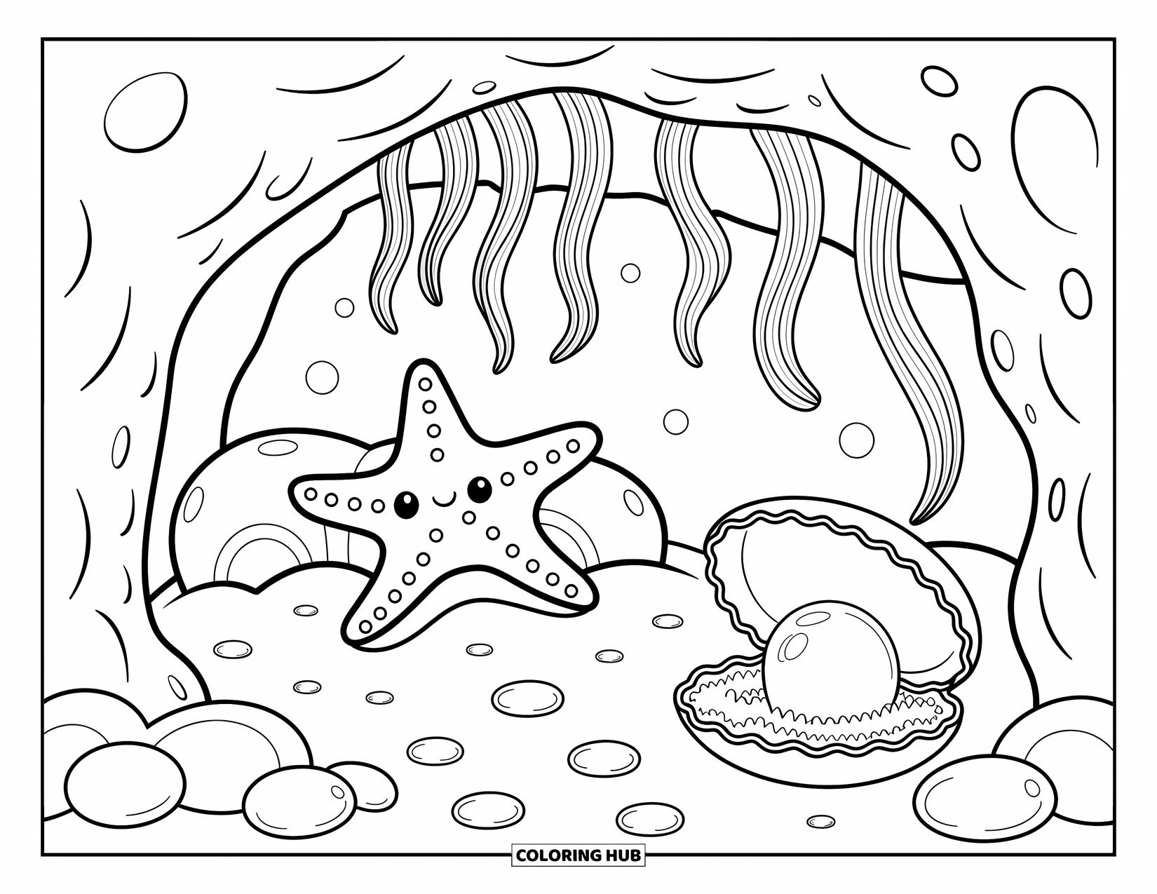 Starfish Coloring Page for Adults: A starfish rests in a cozy cave with glowing pearls and hanging algae curtains