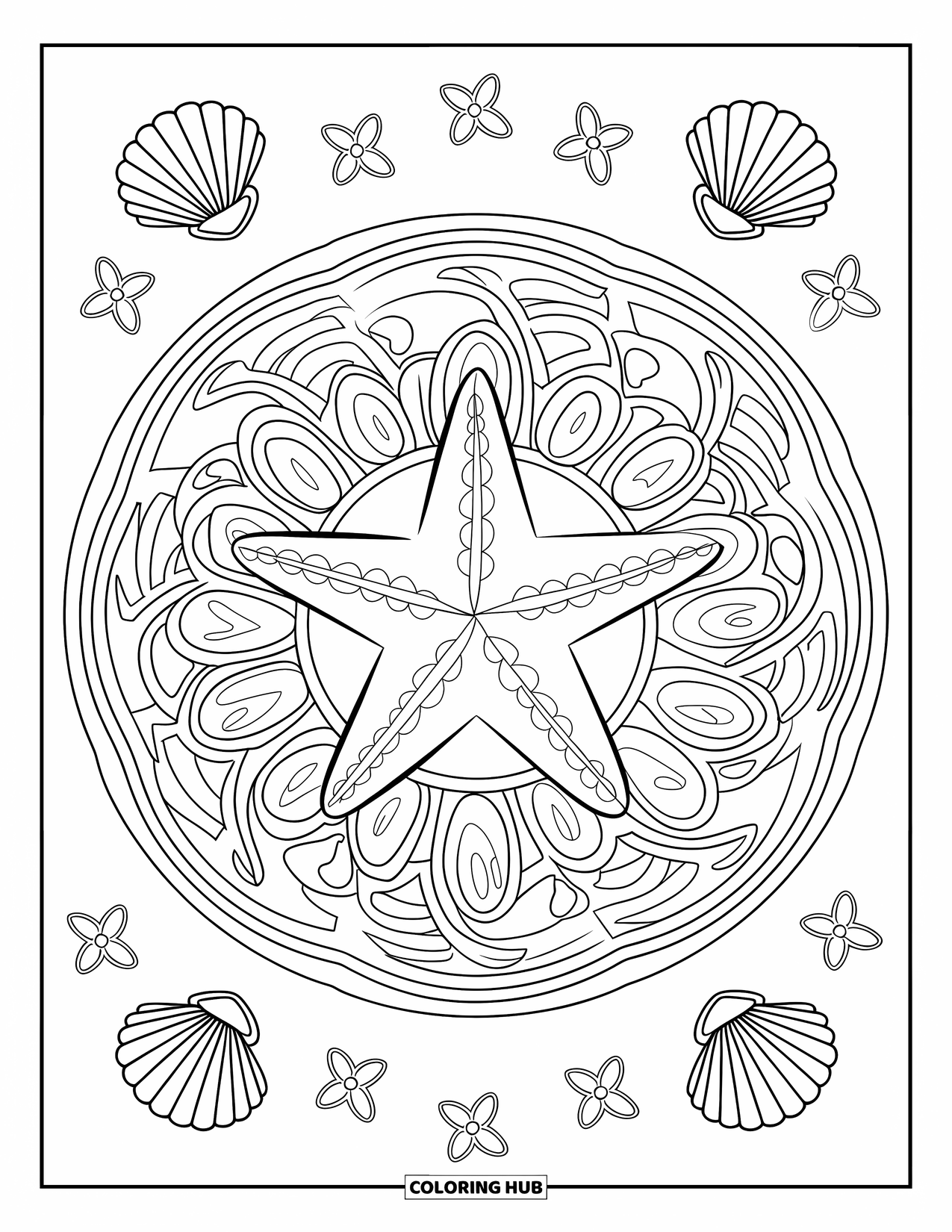 Starfish Coloring Page for Adults: A starfish rests in the center of a floral mandala with scattered seashells