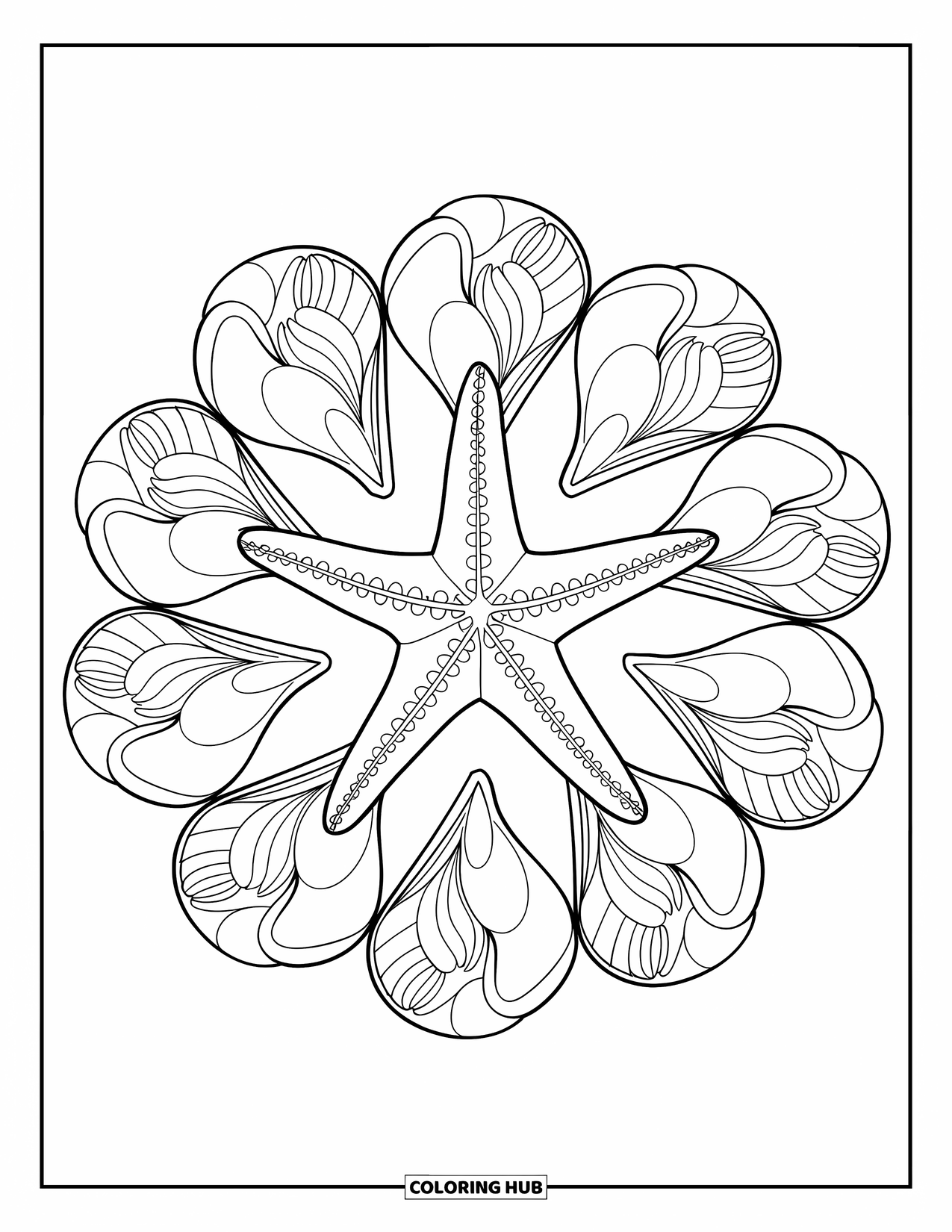Starfish Coloring Page for Adults: A starfish rests inside a botanical mandala filled with curved petals and shells