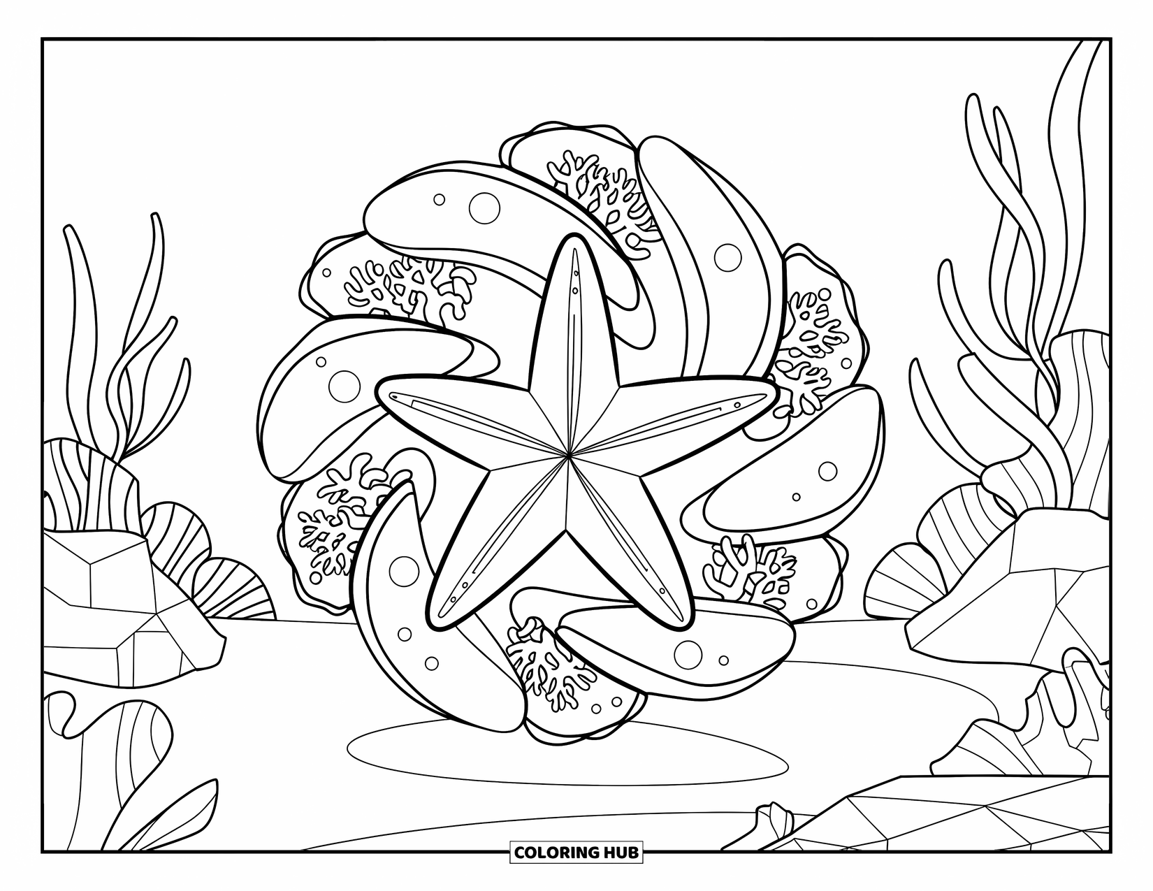 Starfish Coloring Page for Adults: A starfish rests on sand, surrounded by coral and bubble mandala patterns