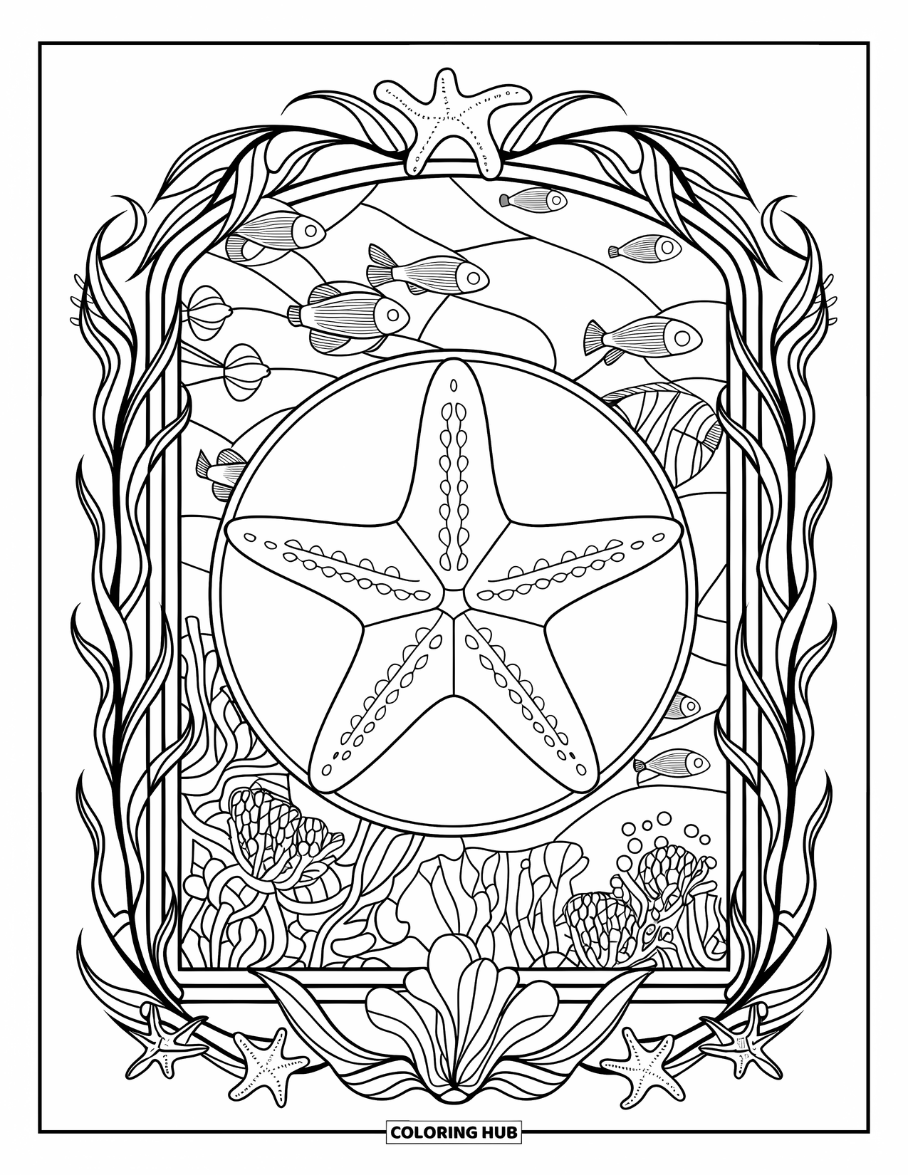 Starfish Coloring Page for Adults: A starfish shines in stained glass surrounded by coral, fish, and underwater plants