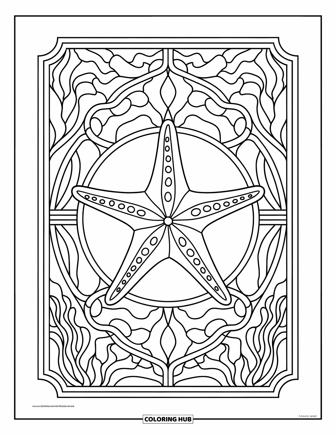 Starfish Coloring Page for Adults: A starfish sits at the center of a seaweed-filled stained glass window