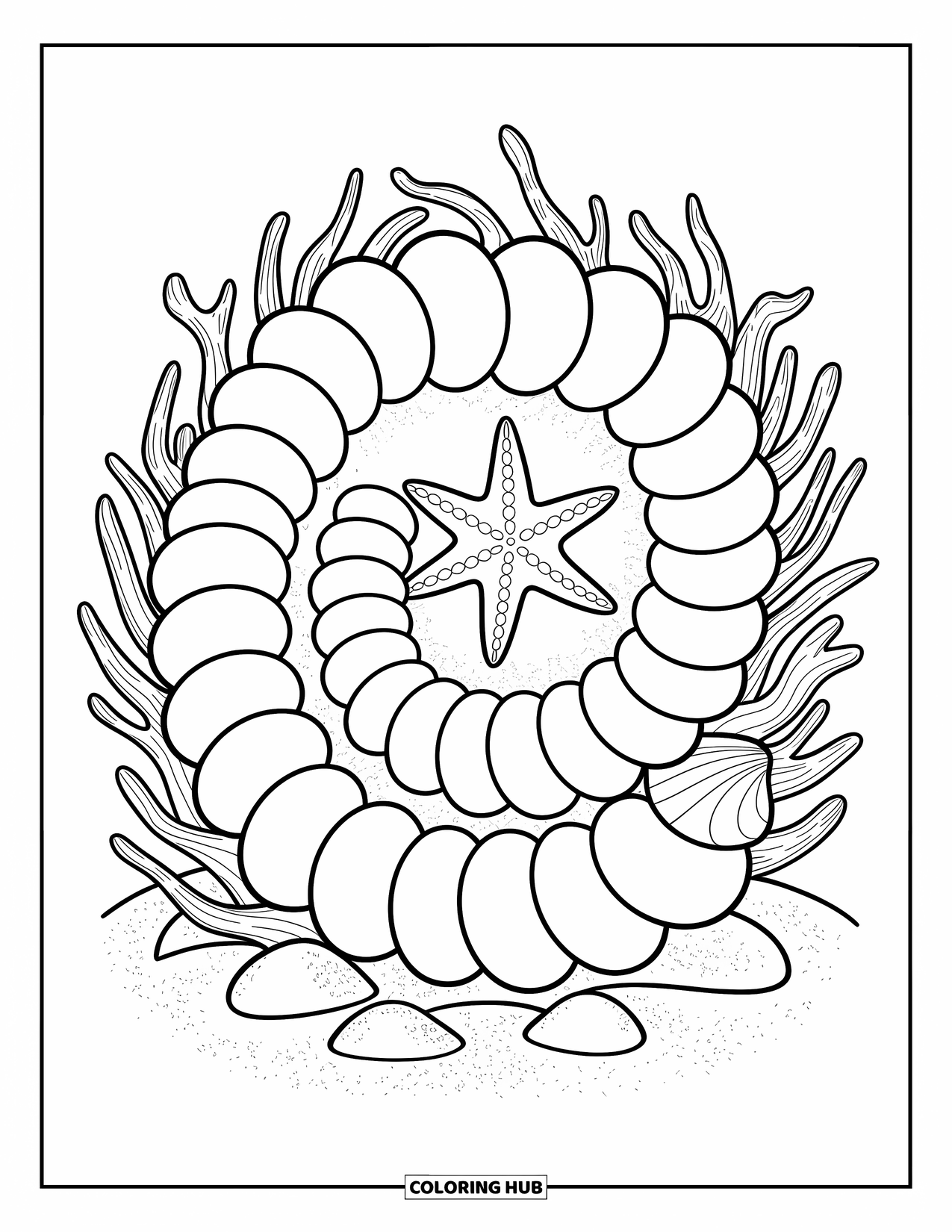 Starfish Coloring Page for Adults: A starfish sits in a circle of cute seashells, driftwood, and soft swirling lines