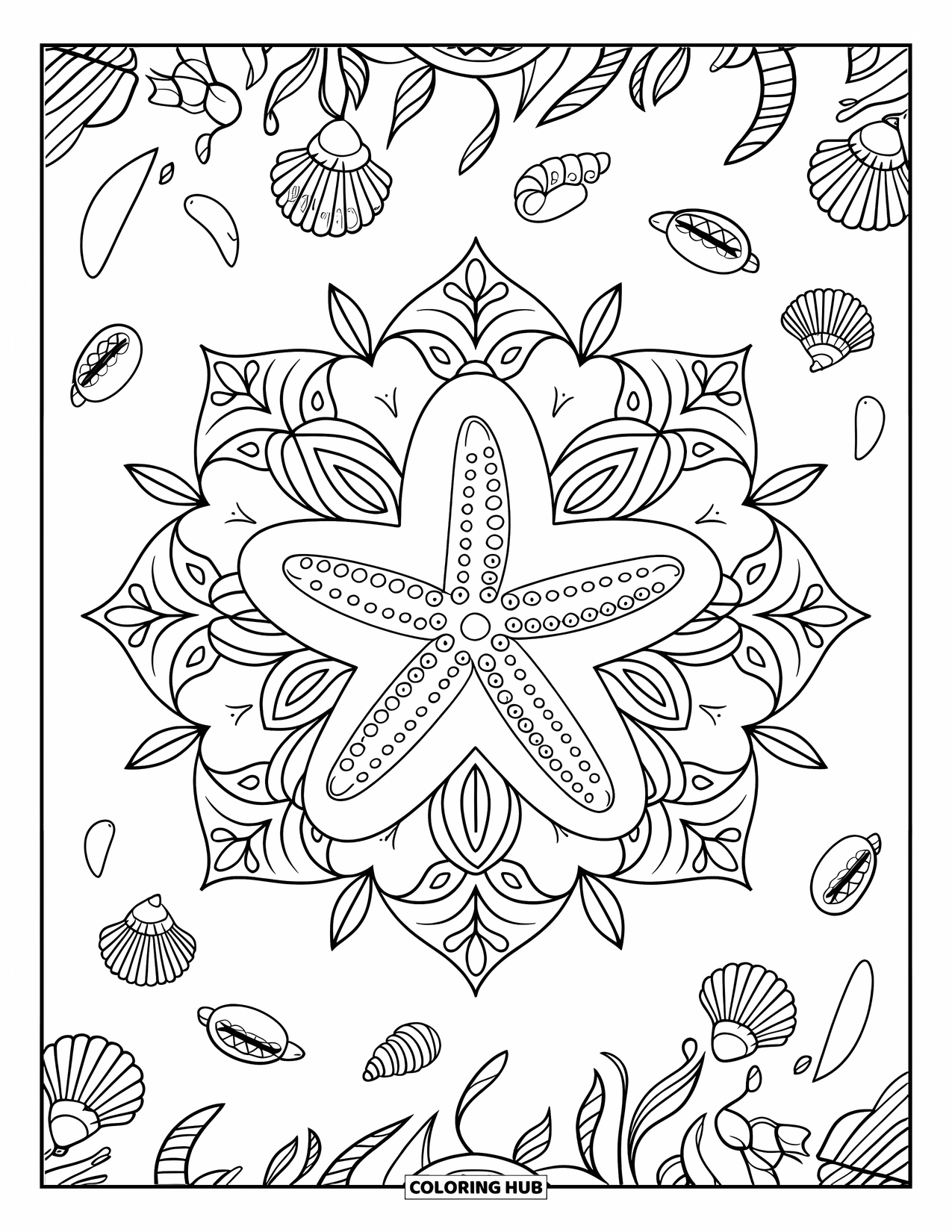 Starfish Coloring Page for Adults: A starfish sits inside floral mandala lines and playful seashell accents