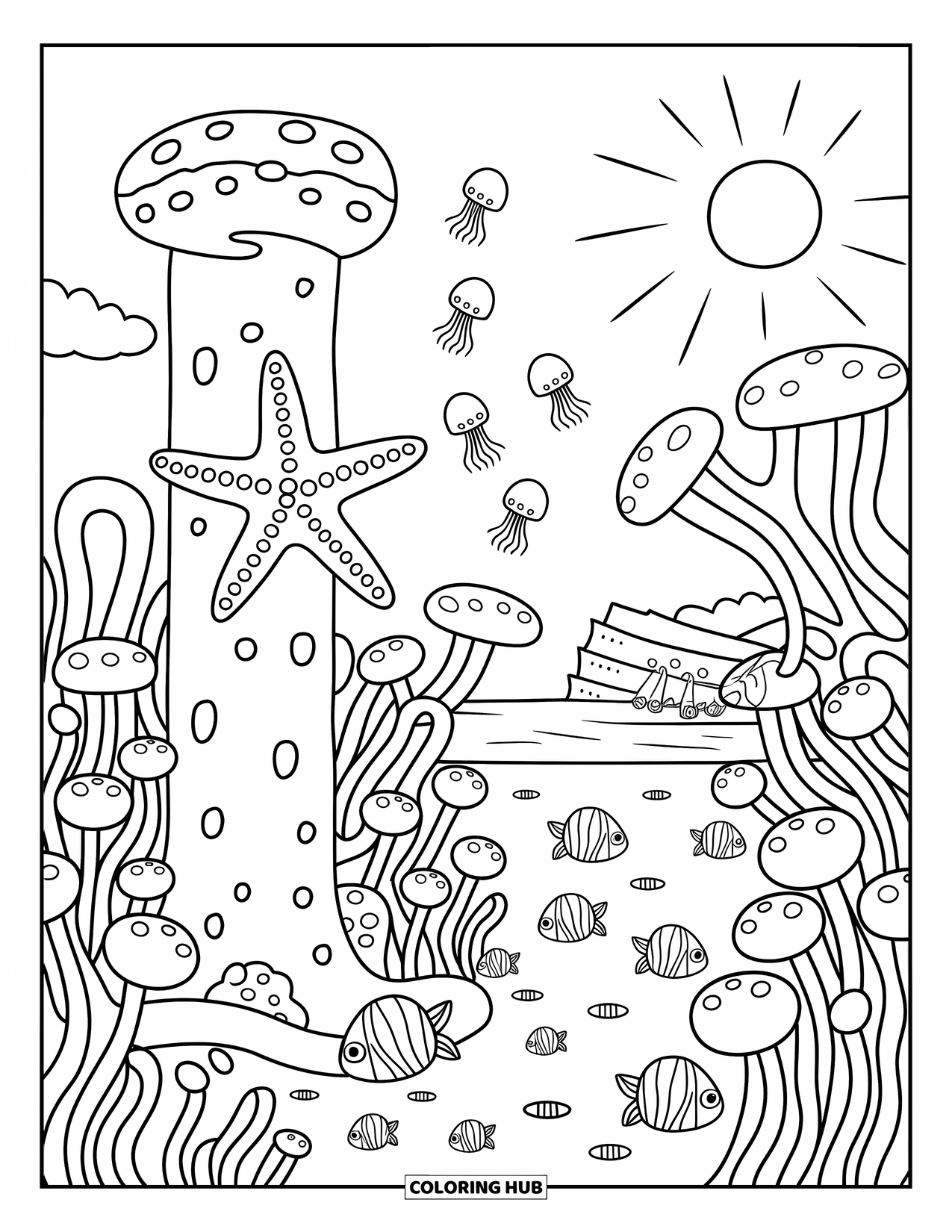Starfish Coloring Page for Adults: A starfish sticks to coral while jellyfish and gentle fish fill the peaceful waters