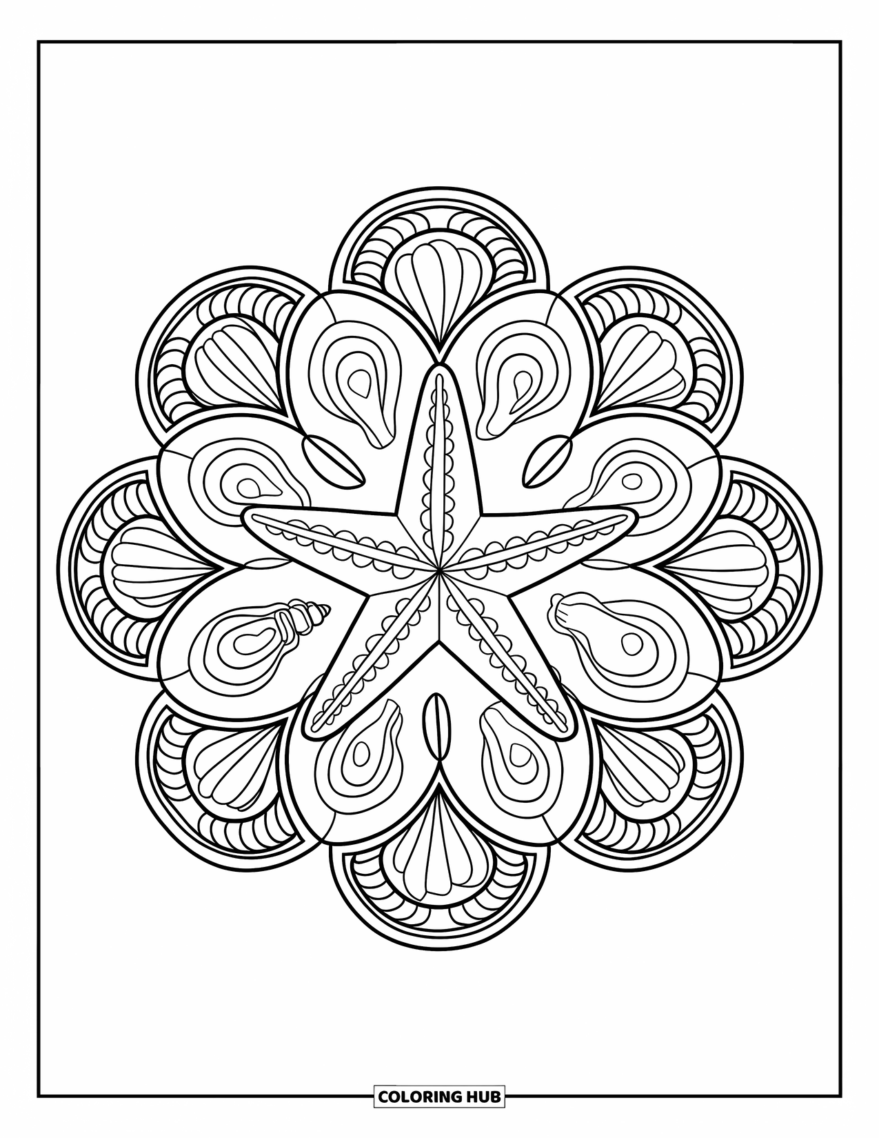 Starfish Coloring Page for Adults: A starfish with five arms is surrounded by floral petals and scattered shells