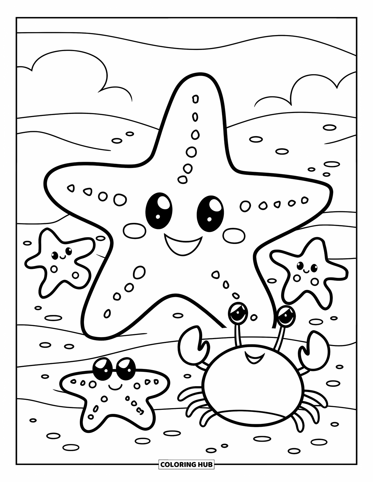 Starfish Coloring Page for Kids: A big starfish smiles on the sand next to smaller ones and a happy crab