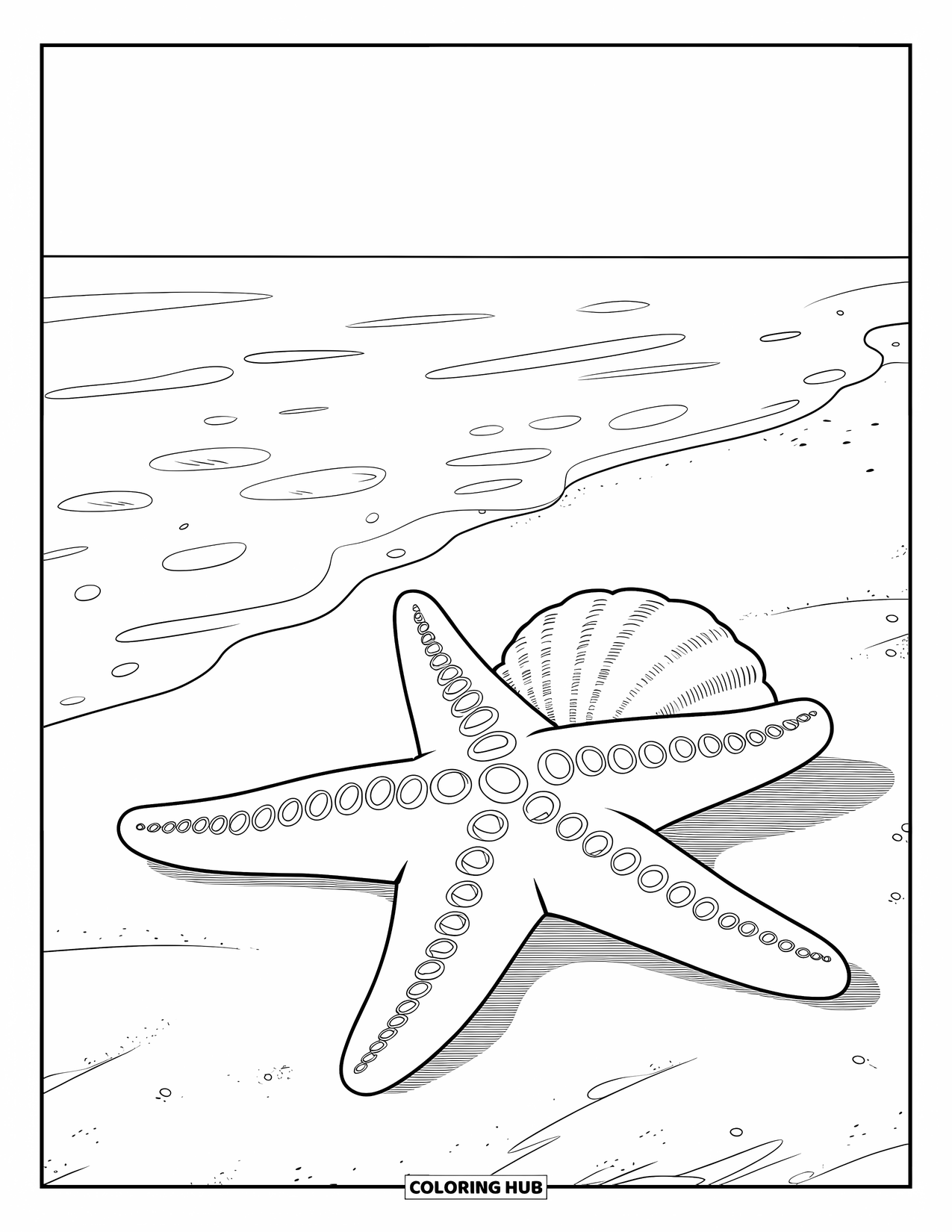 Starfish Coloring Page for Kids: A calm starfish rests on sand beside a seashell and gentle beach waves