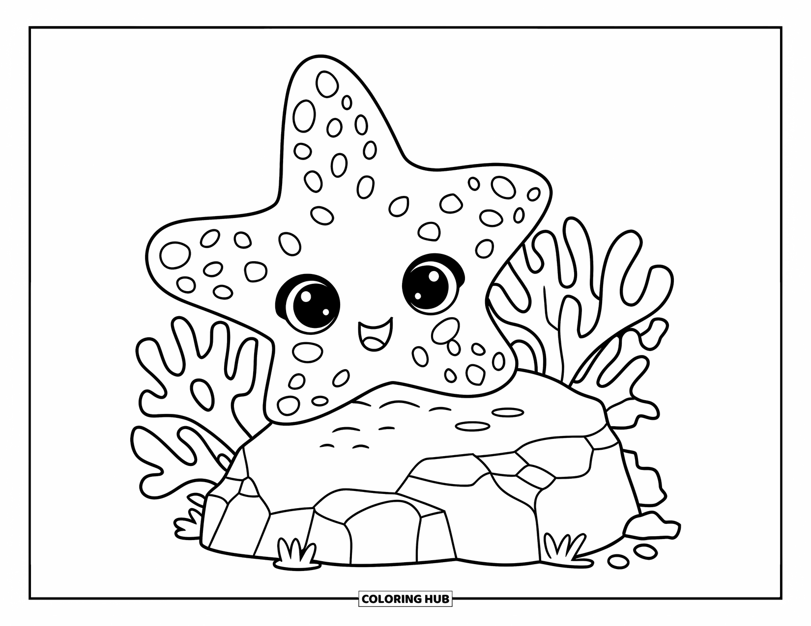 Starfish Coloring Page for Kids: A cheerful starfish crawls over a coral-covered rock with tiny bumps