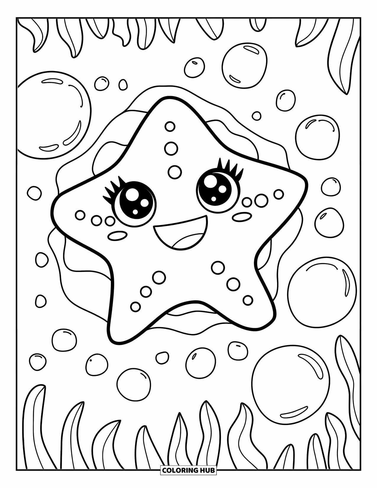 Starfish Coloring Page for Kids: A cheerful starfish floats with bubbles in a clean, simple setting