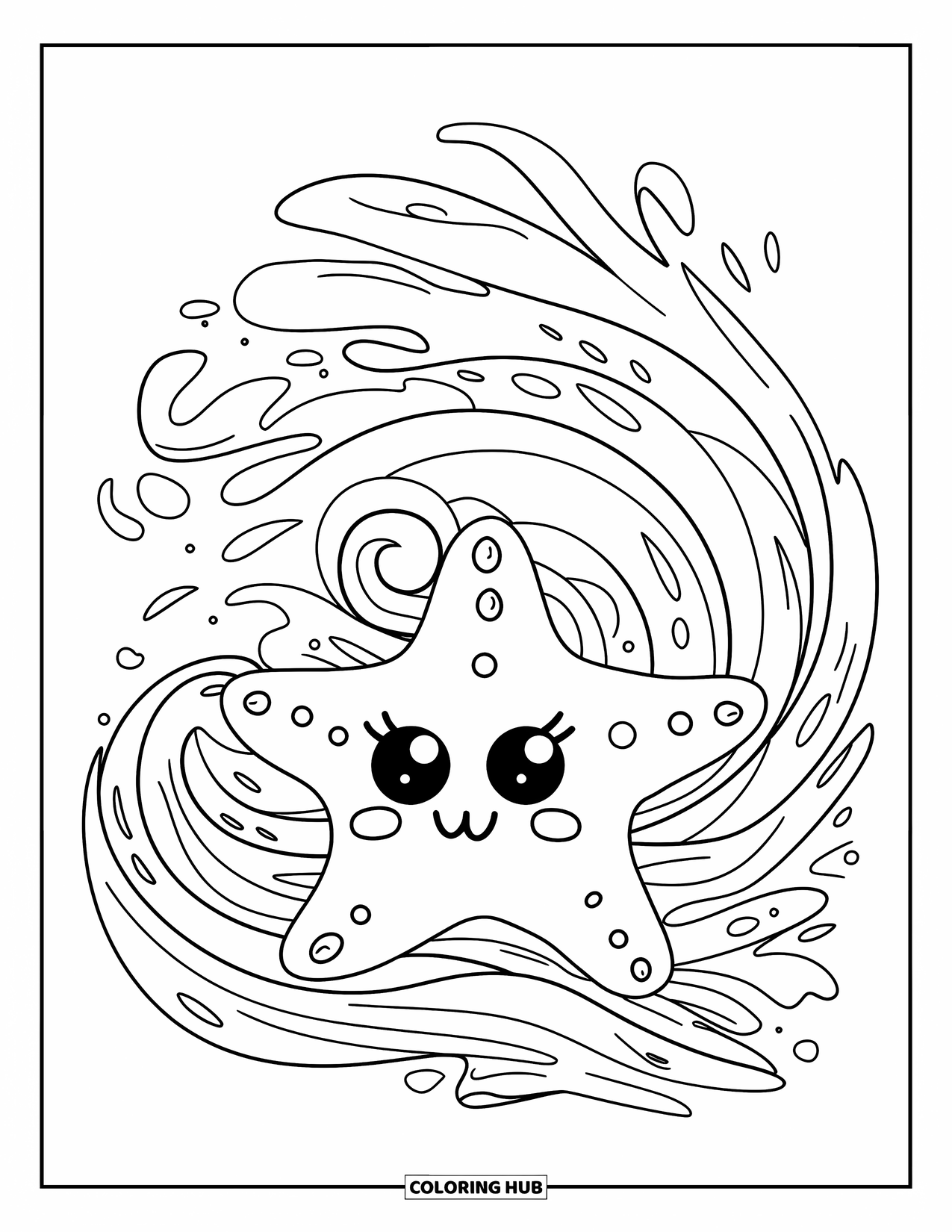 Starfish Coloring Page for Kids: A cheerful starfish rests near swirling currents and flowing seaweed