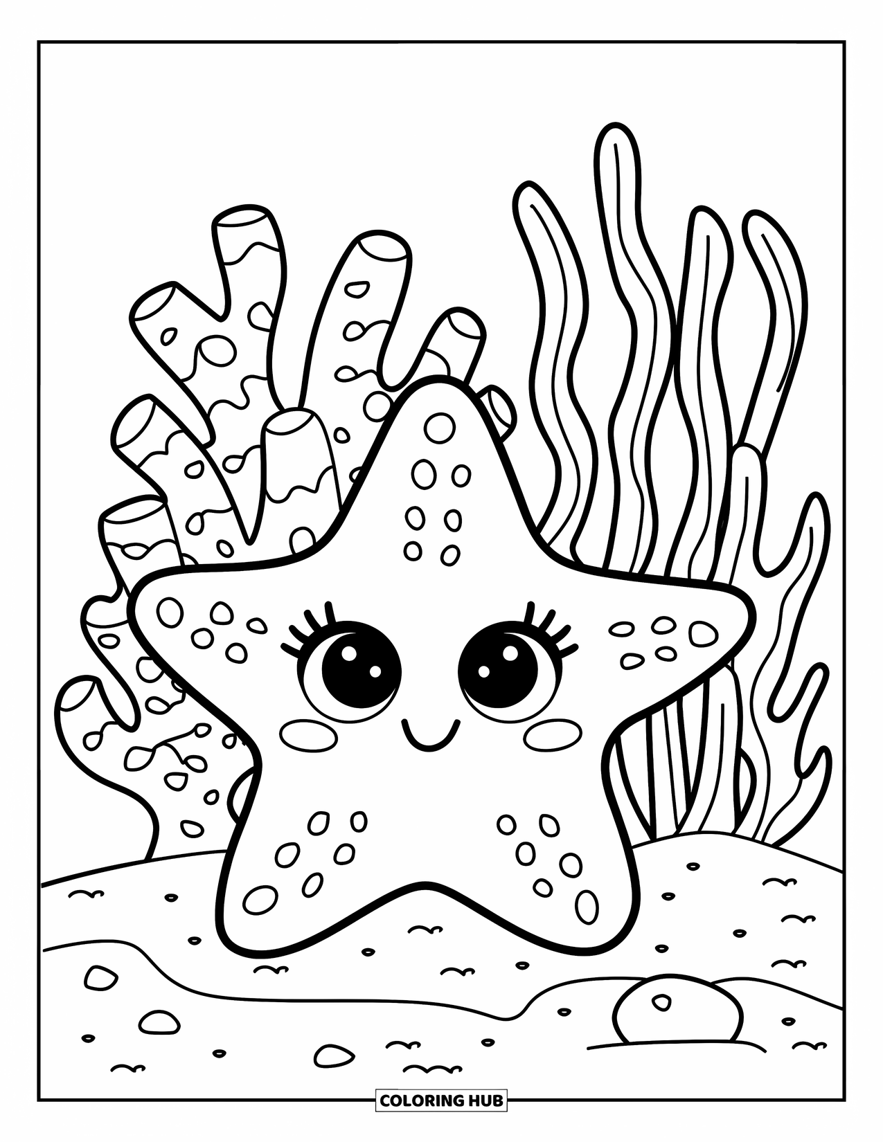 Starfish Coloring Page for Kids: A cheerful starfish with big eyes lies near seaweed and bubbly coral shapes