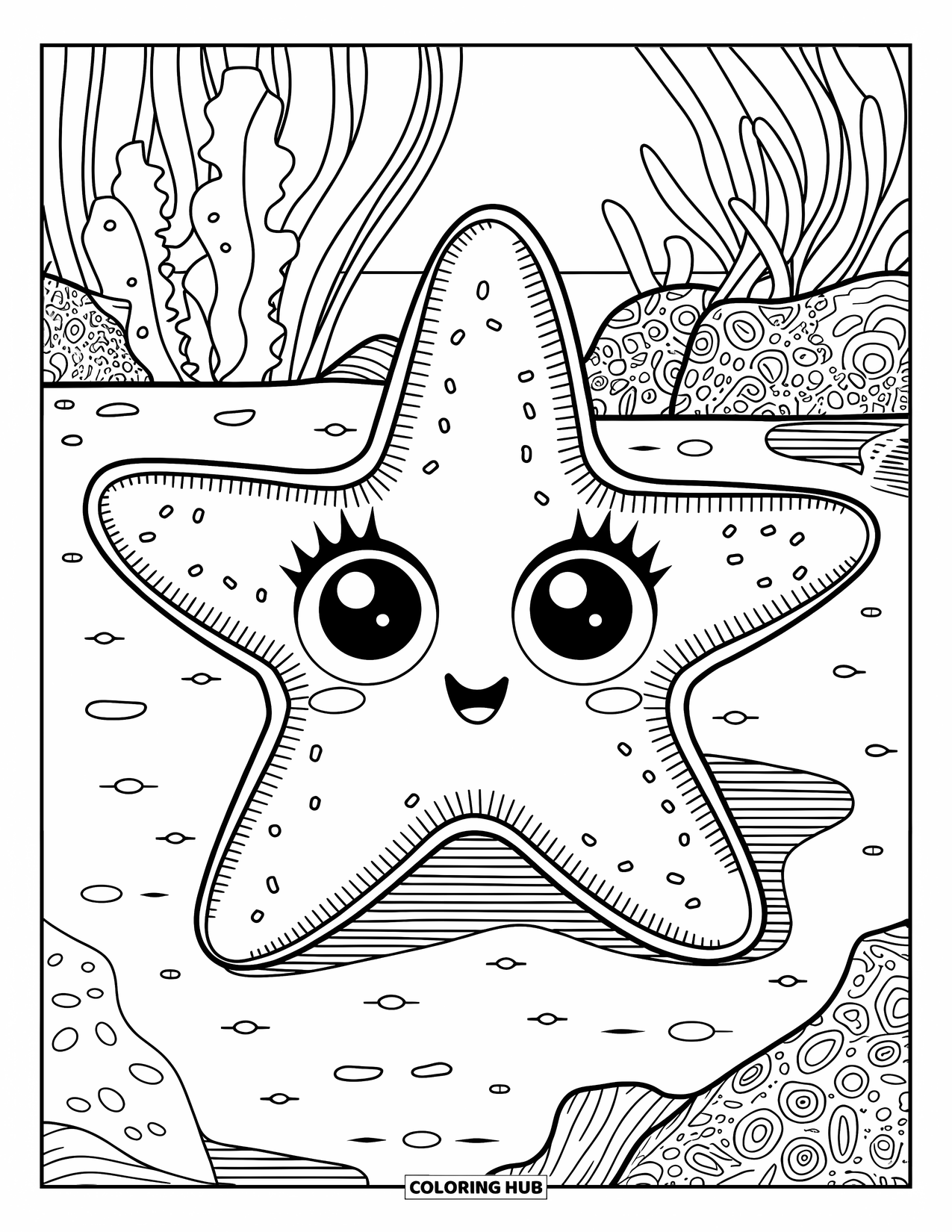 Starfish Coloring Page for Kids: A cute starfish stretches across a sea plant-covered ocean floor