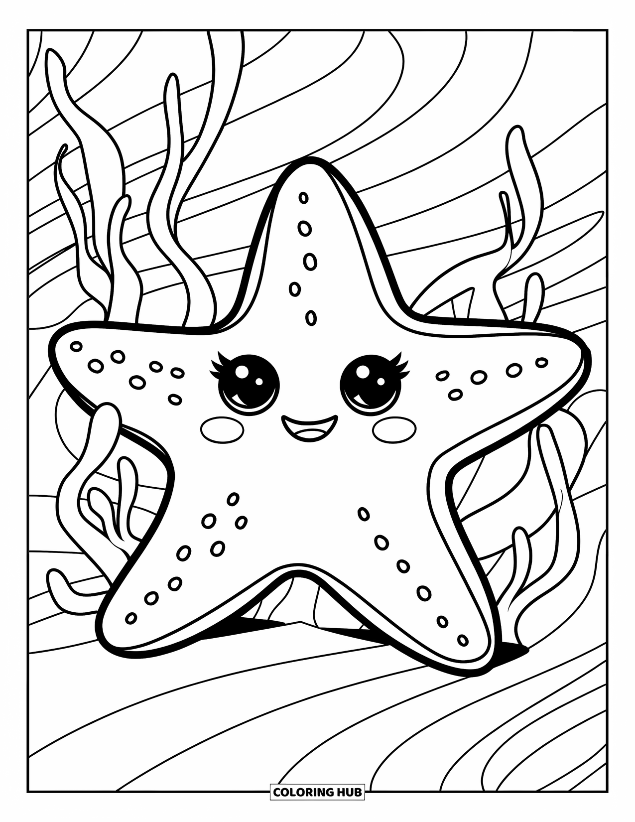 Starfish Coloring Page for Kids: A happy starfish floats near dancing seaweed and gentle currents