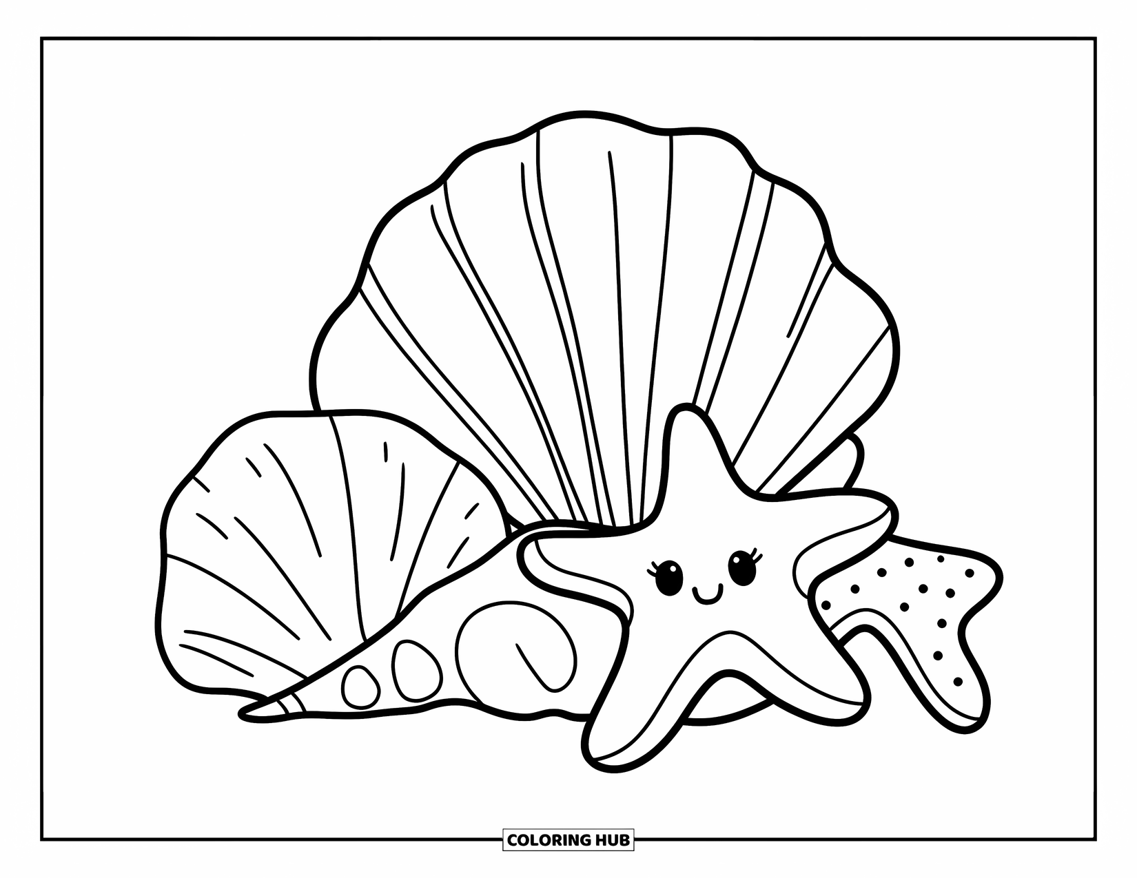 Starfish Coloring Page for Kids: A happy starfish rests by three different seashells on a blank background