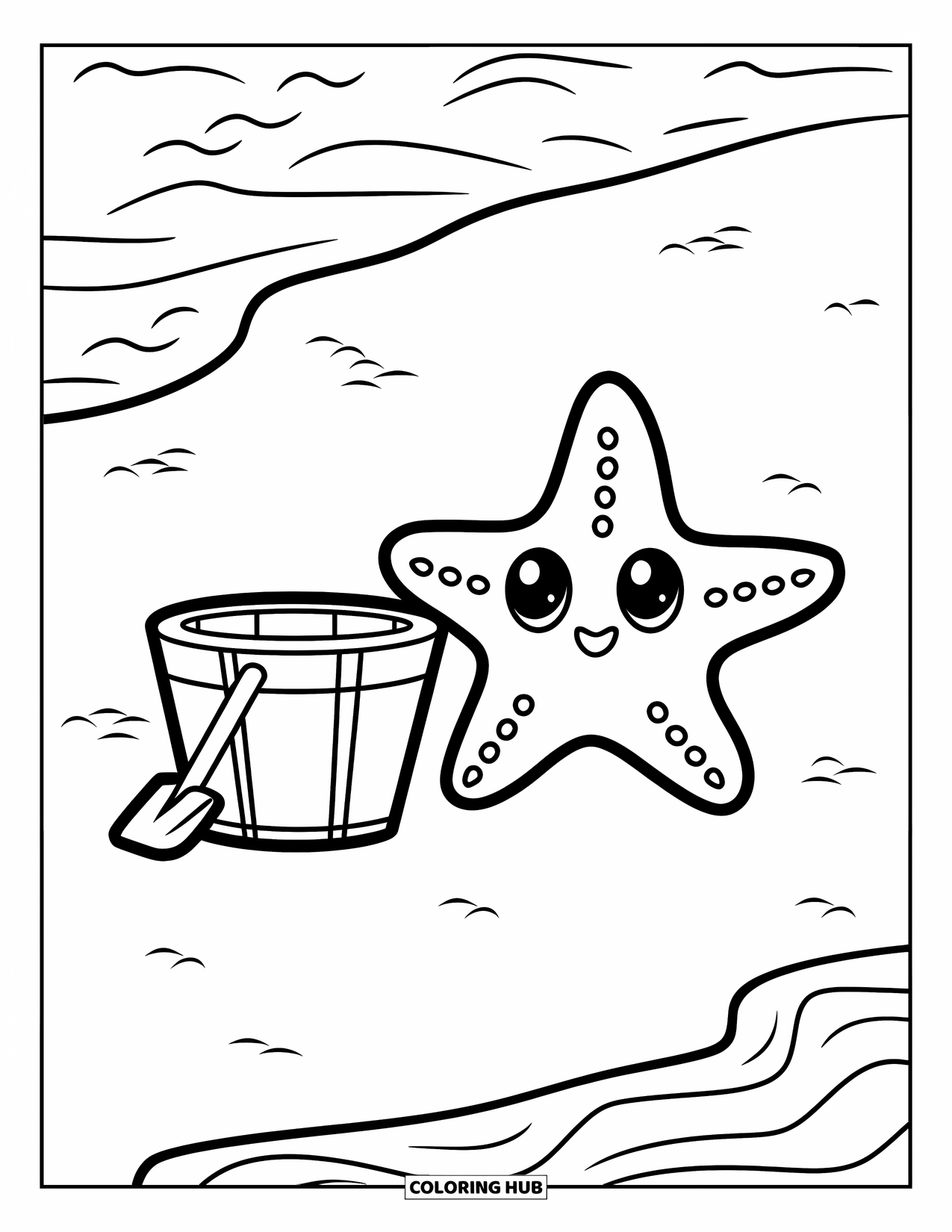 Starfish Coloring Page for Kids: A happy starfish with big eyes smiles next to a bucket and shovel