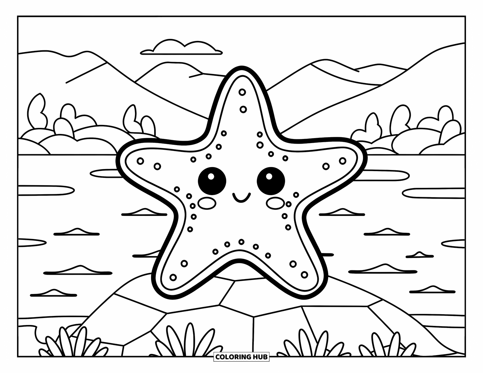 Starfish Coloring Page for Kids: A large starfish sits on a rock with soft waves and a peaceful backdrop