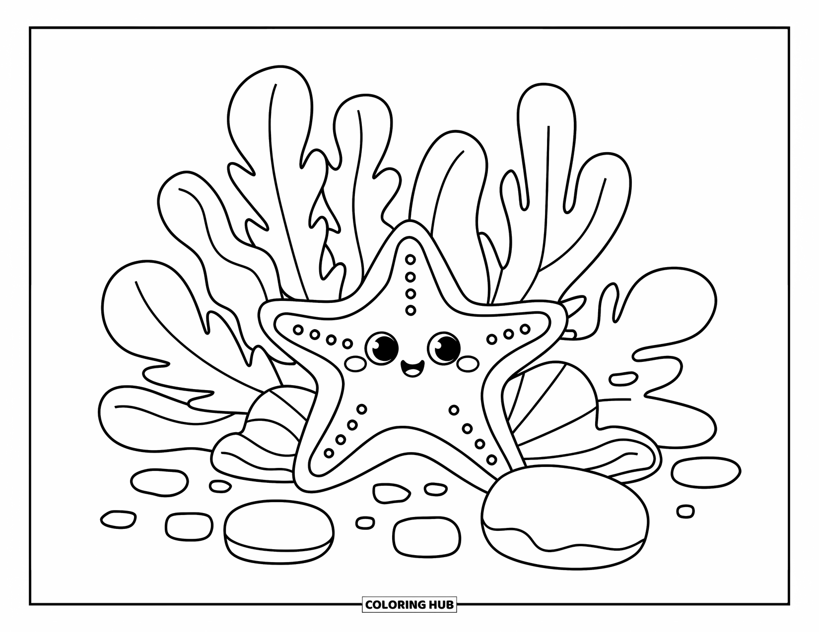 Starfish Coloring Page for Kids: A round starfish smiles among leafy ocean plants and smooth stones
