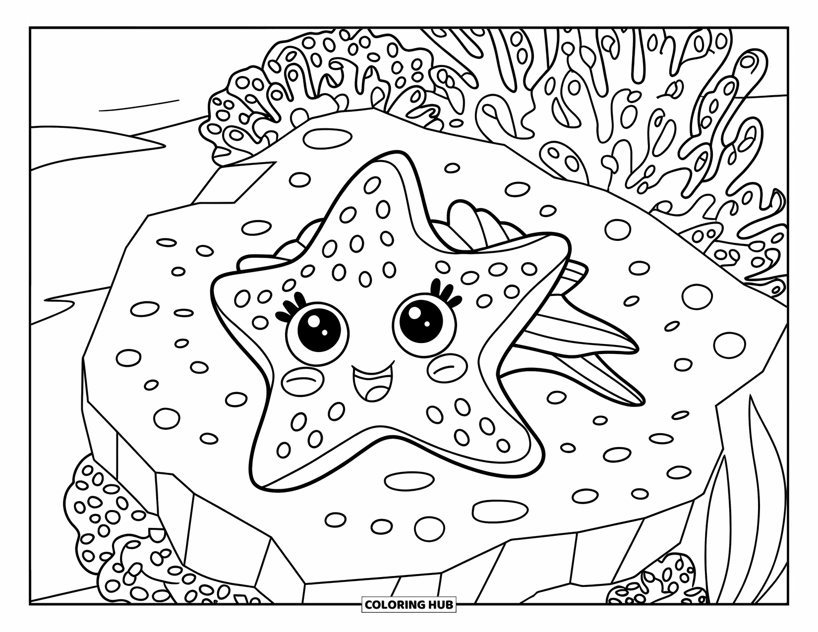 Starfish Coloring Page for Kids: A smiling starfish crawls across bumpy coral and cracked rocks