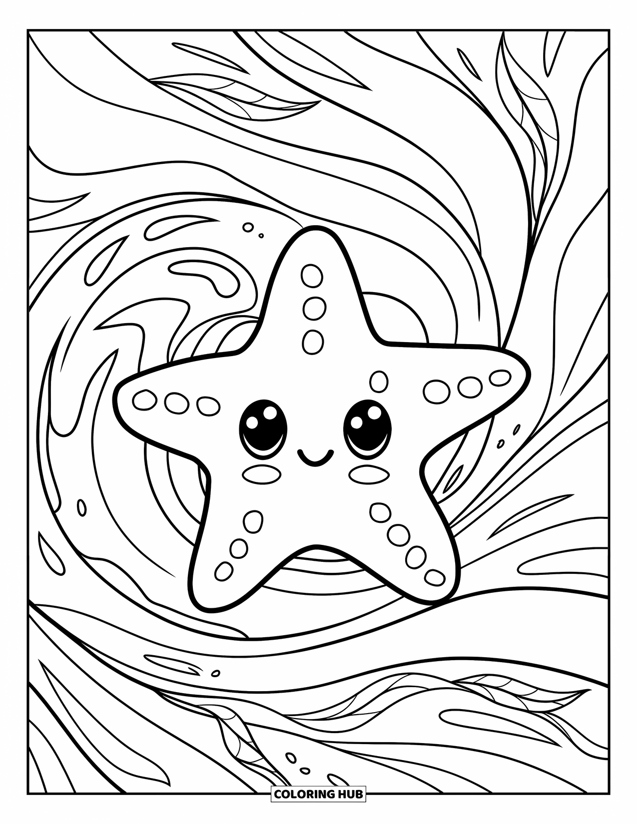 Starfish Coloring Page for Kids: A smiling starfish relaxes by flowing seaweed and swirling waves