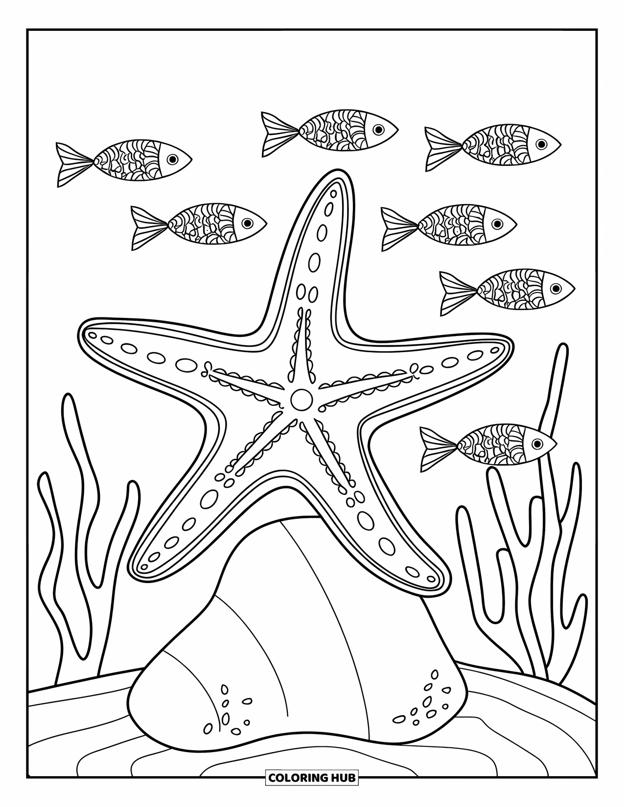 Starfish Coloring Page for Kids: A smiling starfish rests on a rock with fish and seaweed nearby